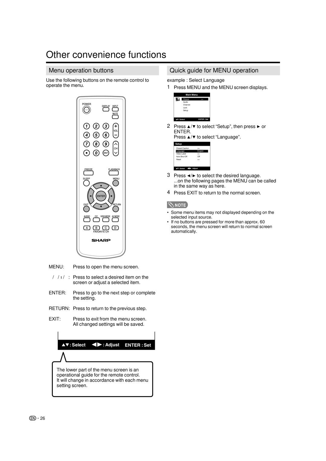 Sharp LC-19SB28UT operation manual Other convenience functions, Menu operation buttons, Quick guide for Menu operation 