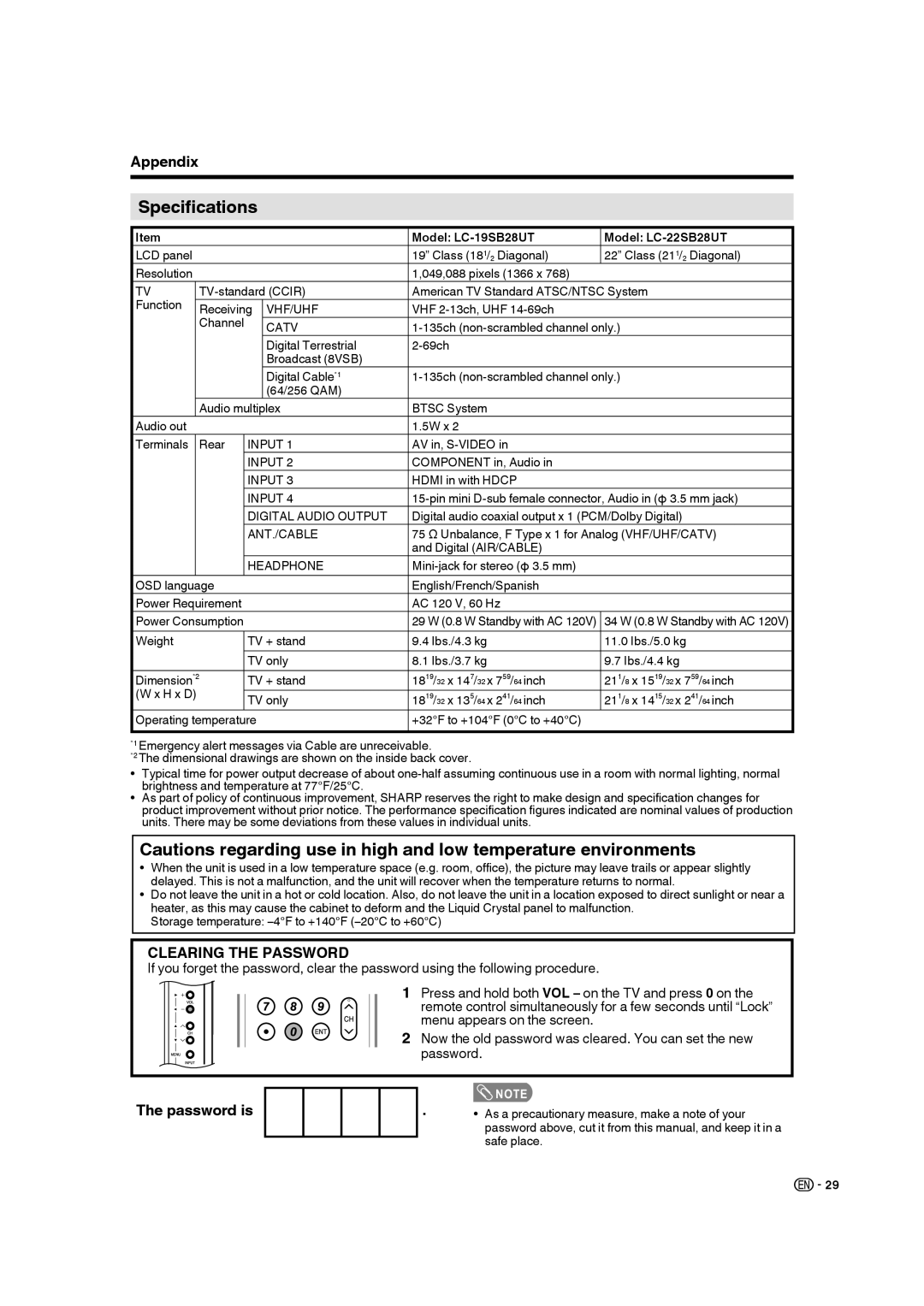 Sharp operation manual Specifications, Model LC-19SB28UT Model LC-22SB28UT 