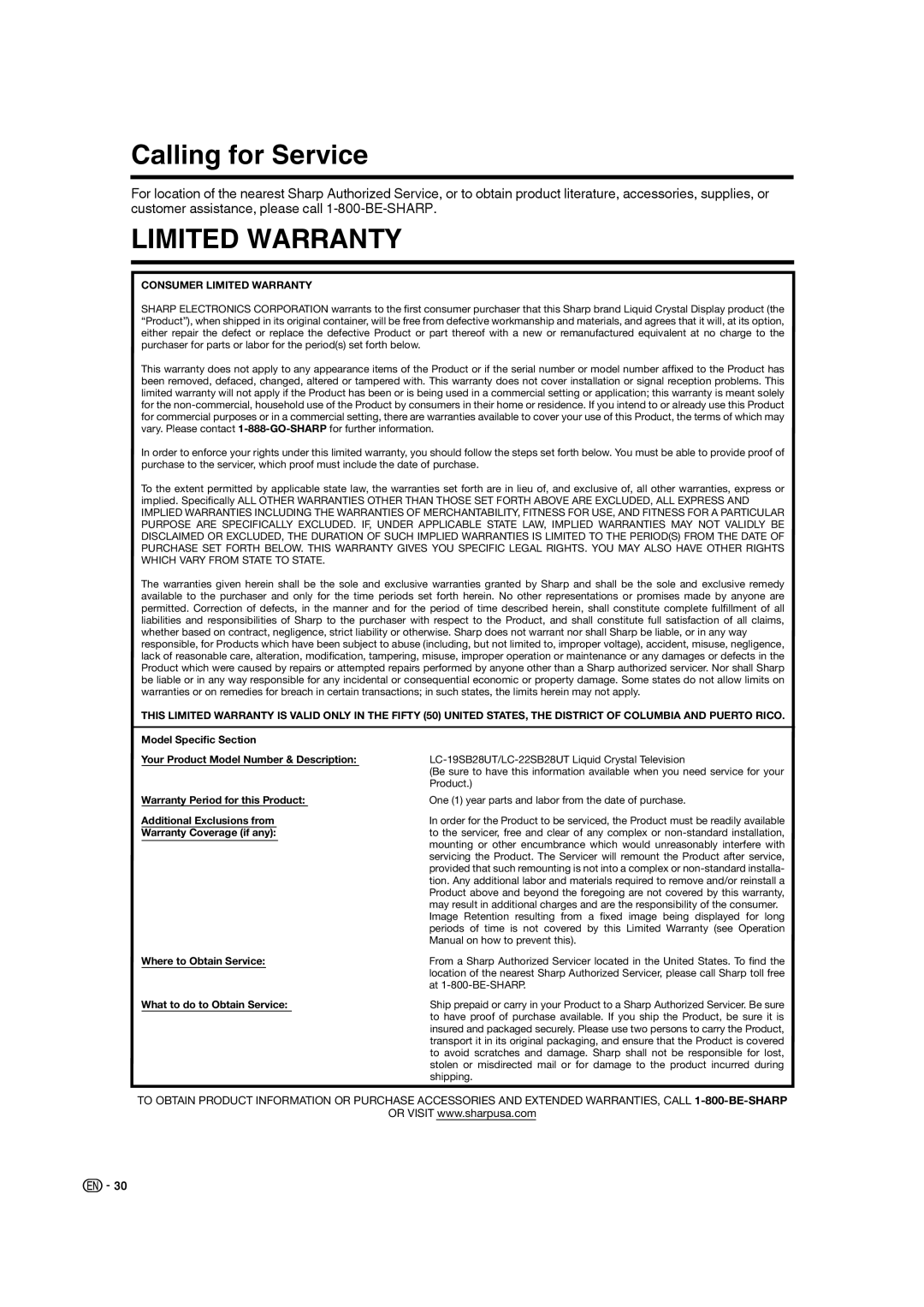 Sharp LC-19SB28UT operation manual Calling for Service, Limited Warranty 