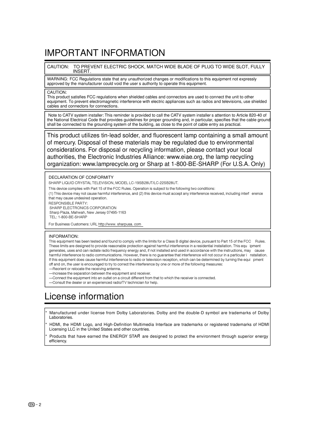 Sharp LC-19SB28UT operation manual License information, Declaration of Conformity, Information 