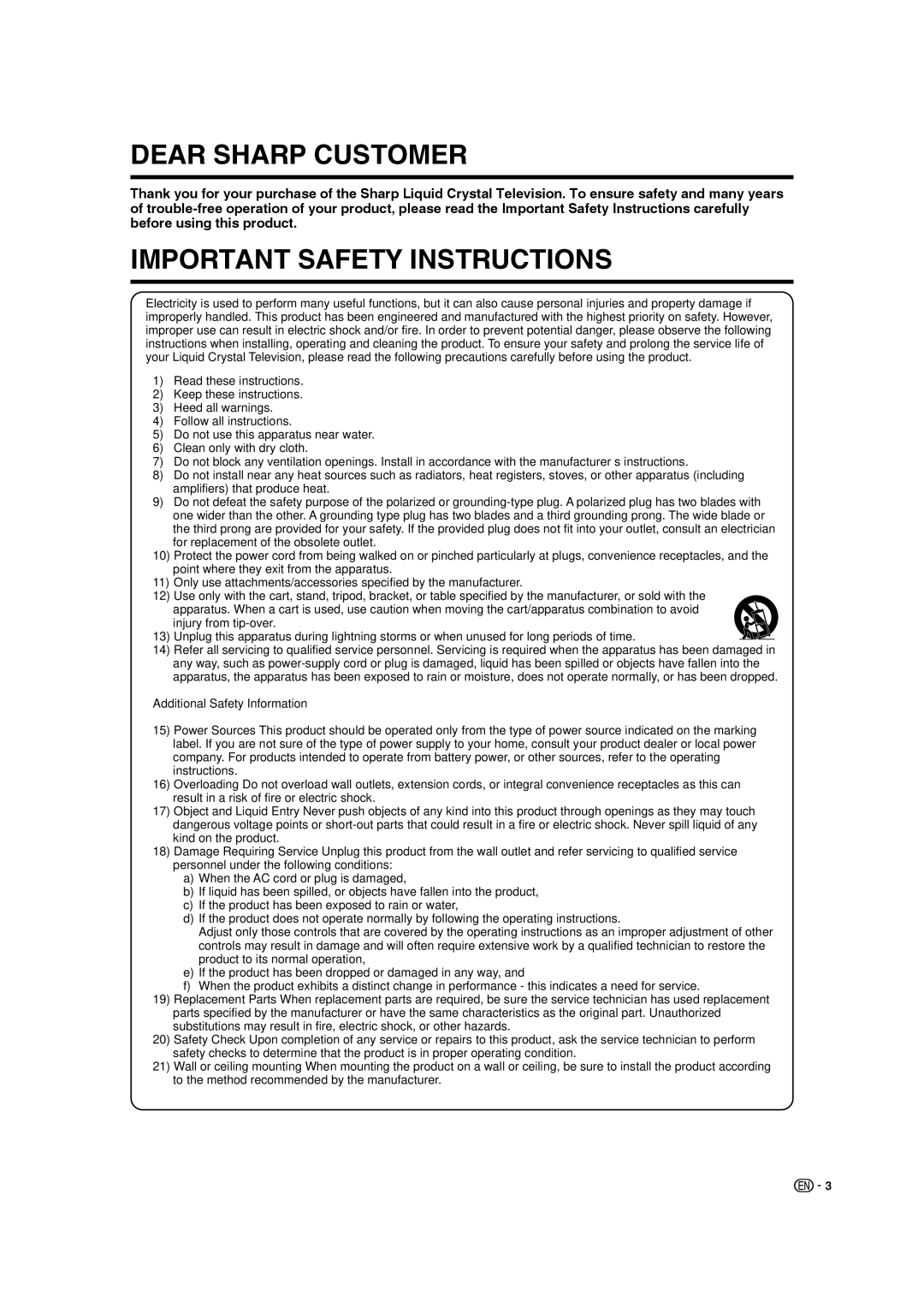 Sharp LC-19SB28UT operation manual Dear Sharp Customer, Additional Safety Information 