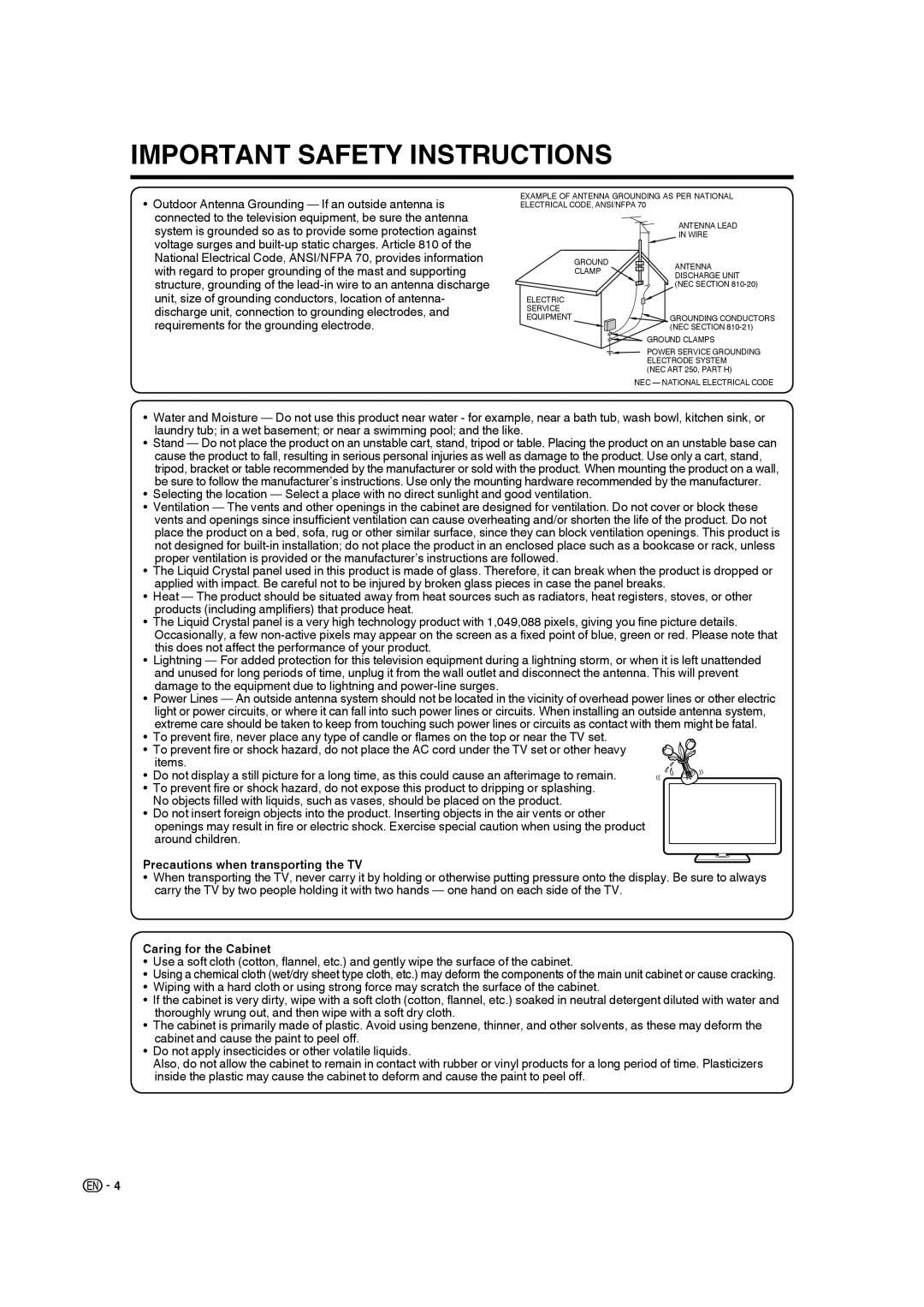 Sharp LC-19SB28UT operation manual Precautions when transporting the TV, Caring for the Cabinet 