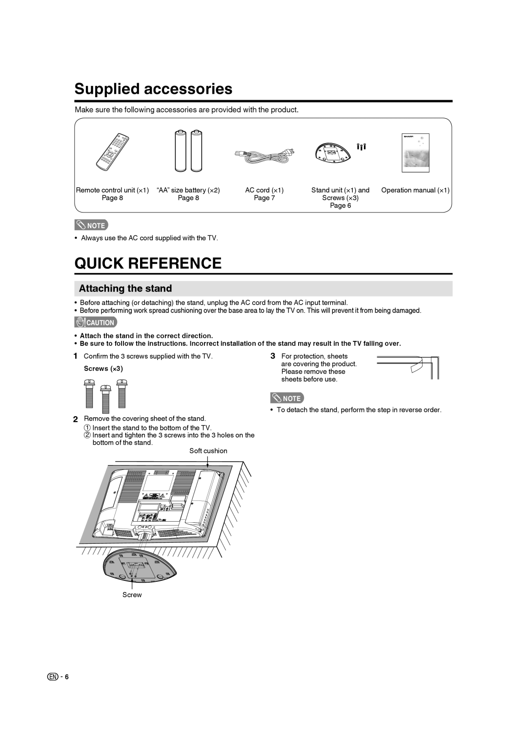 Sharp LC-19SB28UT operation manual Supplied accessories, Attaching the stand, Screws ×3 