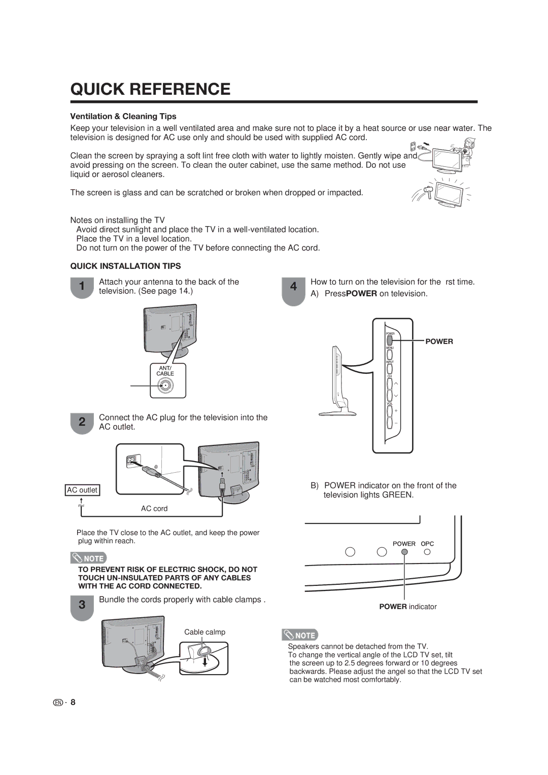 Sharp LC-19SK25U-W Ventilation & Cleaning Tips, Attach your antenna to the back, Television. See Press Power on television 