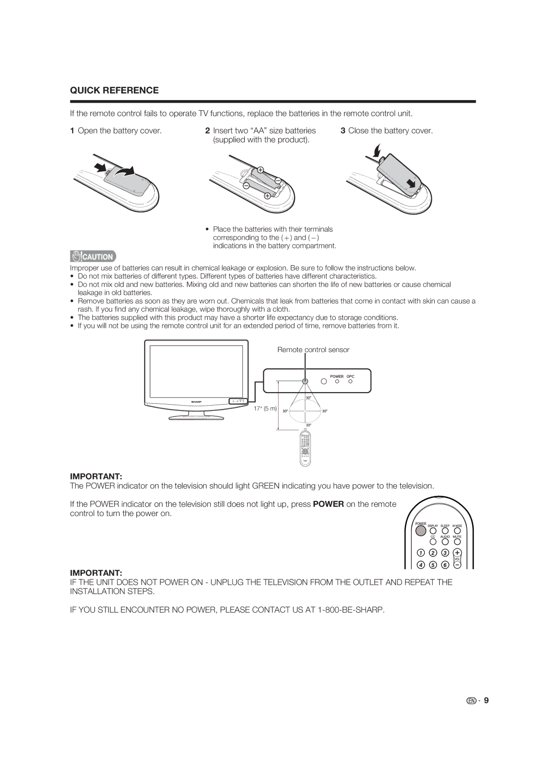 Sharp LC 19SK25U, LC-19SK25U-W operation manual Quick Reference, Close the battery cover 