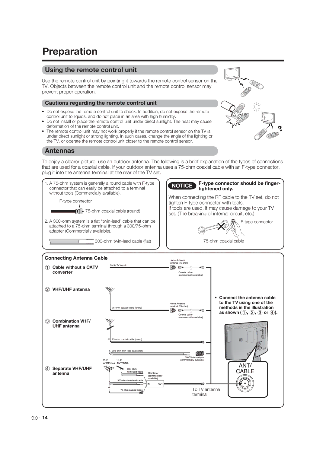 Sharp LC-19SK25U-W, LC 19SK25U operation manual Preparation, Using the remote control unit, Antennas 