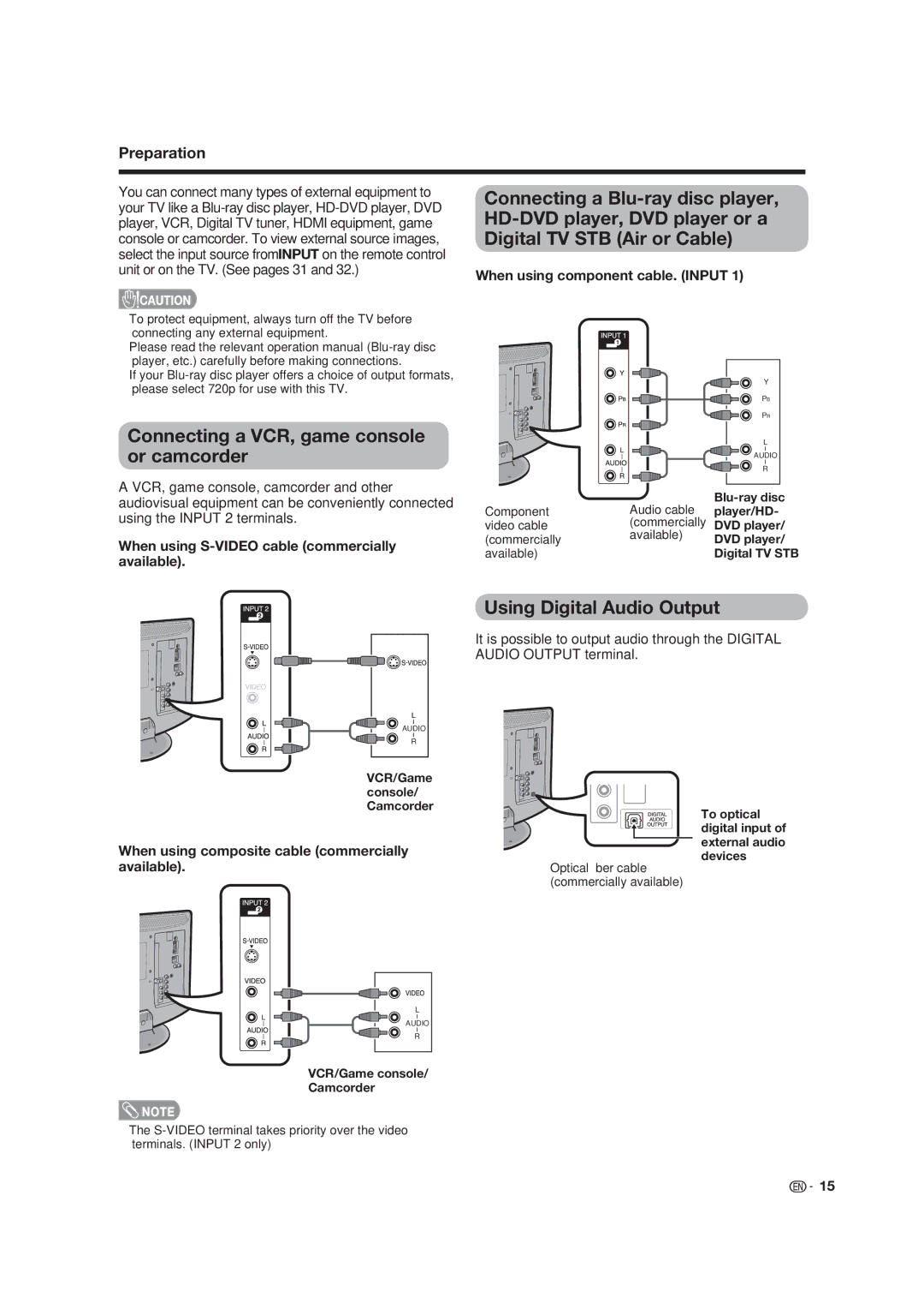 Sharp LC 19SK25U, LC-19SK25U-W operation manual Connecting a VCR, game console or camcorder, Using Digital Audio Output 