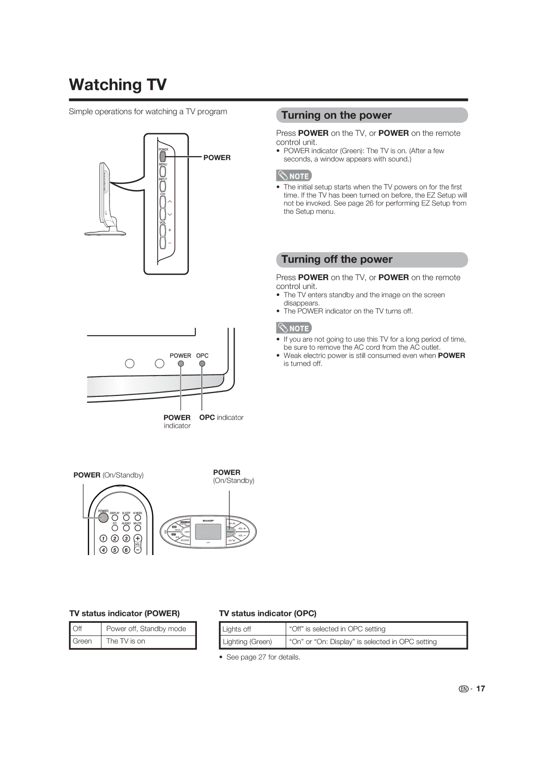 Sharp LC 19SK25U, LC-19SK25U-W Watching TV, Turning on the power, Turning off the power, TV status indicator Power 