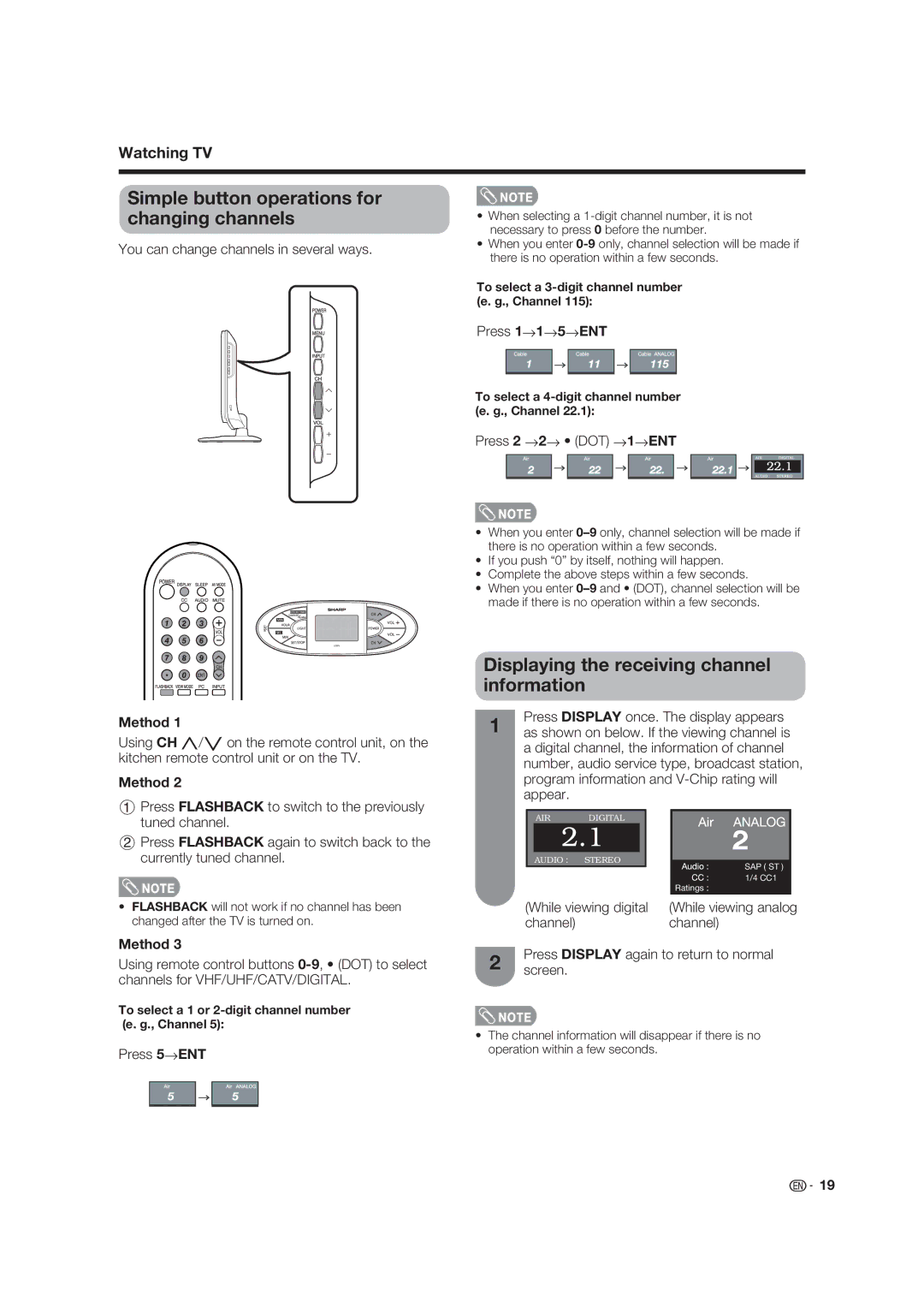 Sharp LC 19SK25U Simple button operations for changing channels, Displaying the receiving channel information, Method 