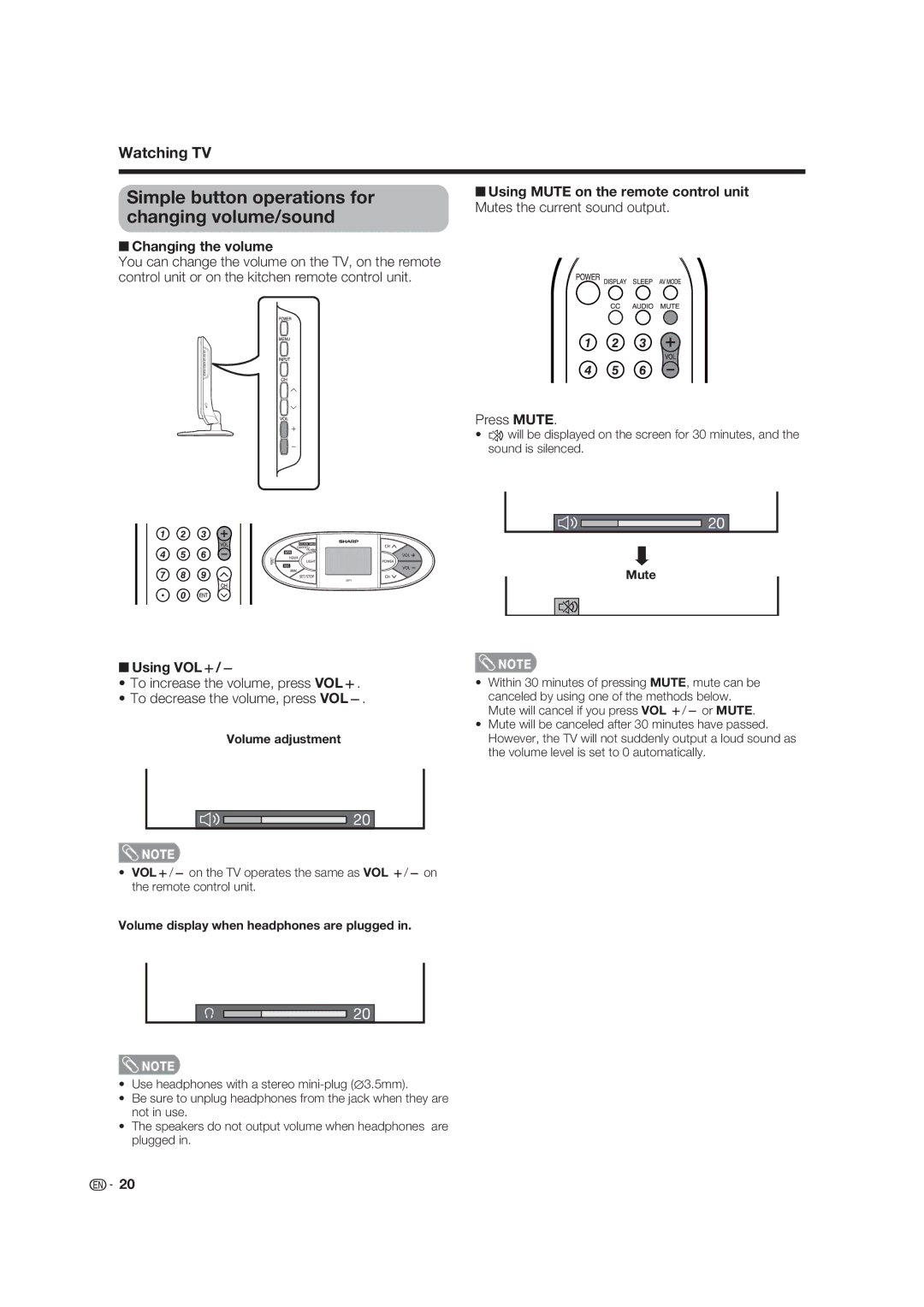 Sharp LC-19SK25U-W Simple button operations for changing volume/sound, Changing the volume, Press Mute, Using VOLk/l 