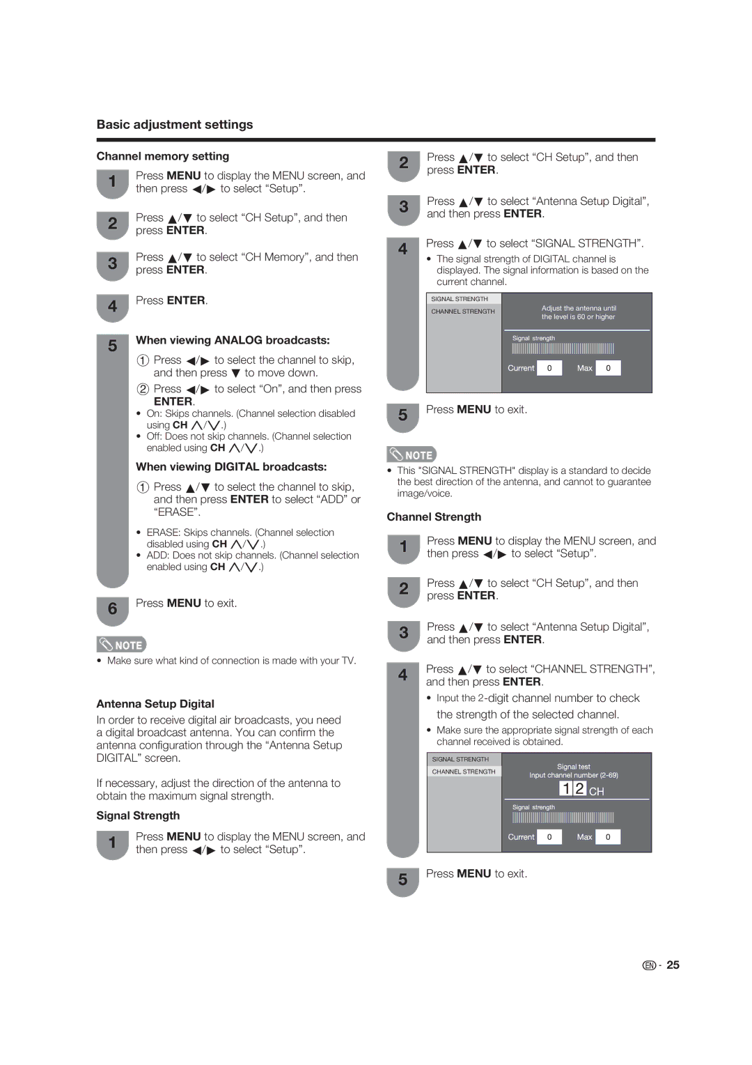 Sharp LC 19SK25U Channel memory setting, When viewing Analog broadcasts, When viewing Digital broadcasts, Signal Strength 