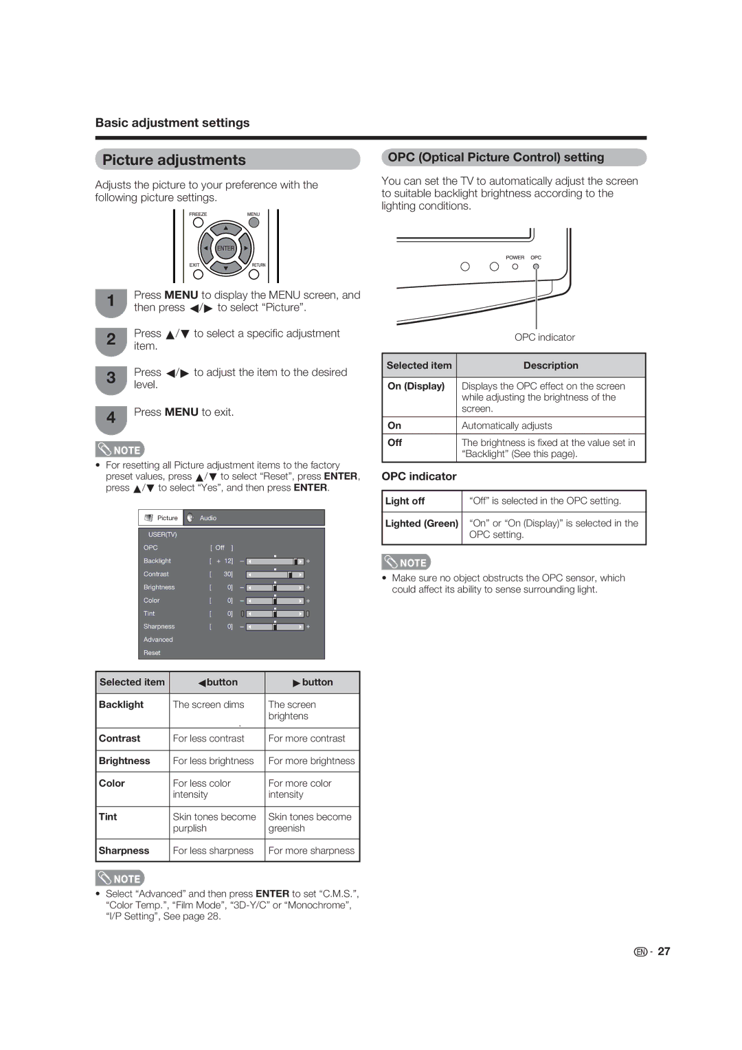 Sharp LC 19SK25U, LC-19SK25U-W operation manual Picture adjustments, OPC indicator 