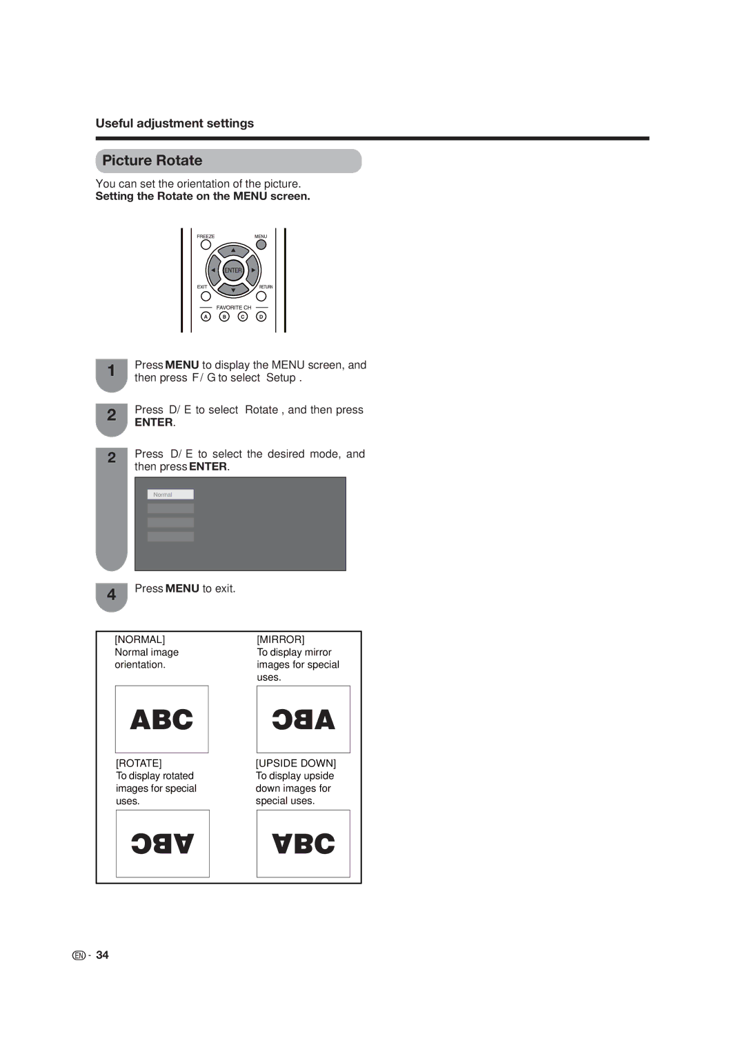 Sharp LC-19SK25U-W Picture Rotate, You can set the orientation of the picture, Setting the Rotate on the Menu screen 