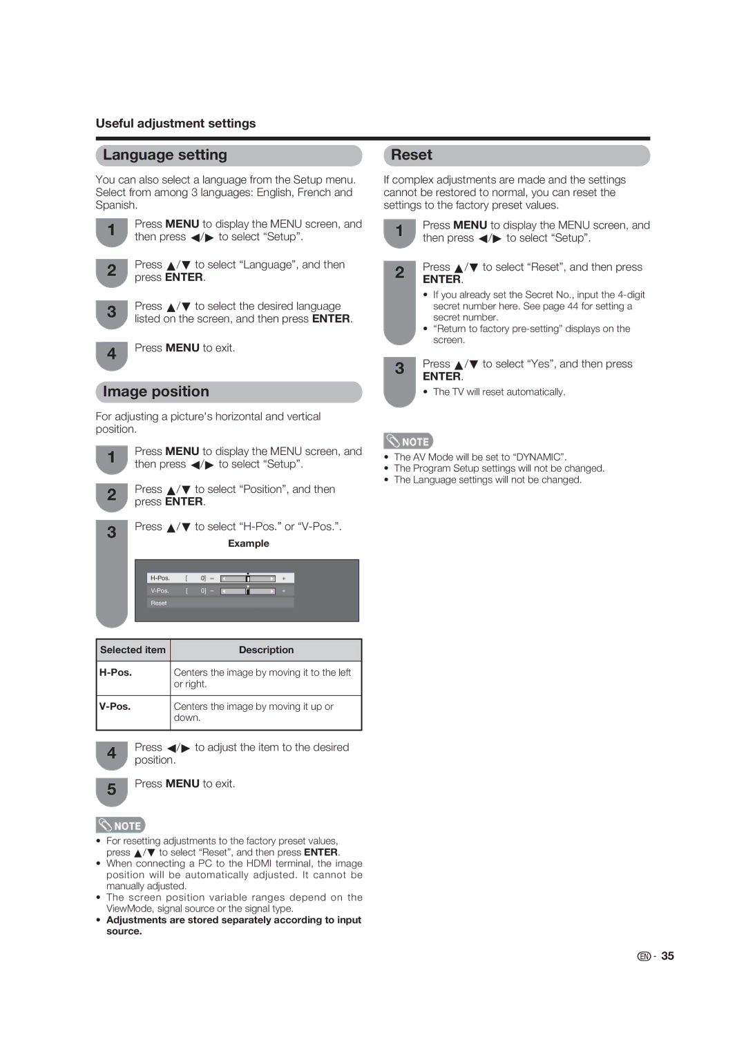 Sharp LC 19SK25U, LC-19SK25U-W operation manual Language setting Reset, Image position 