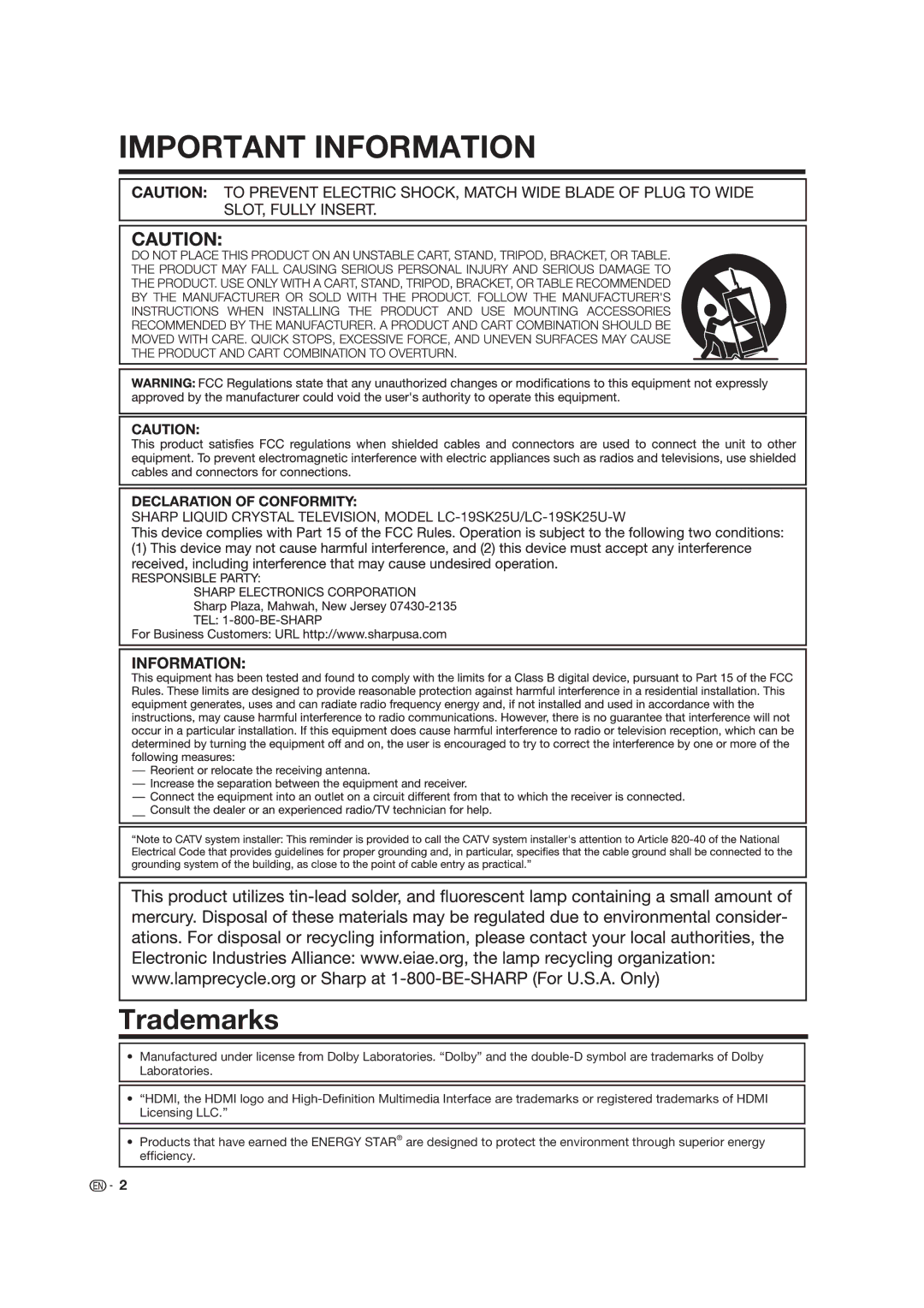 Sharp LC-19SK25U-W, LC 19SK25U operation manual Trademarks 