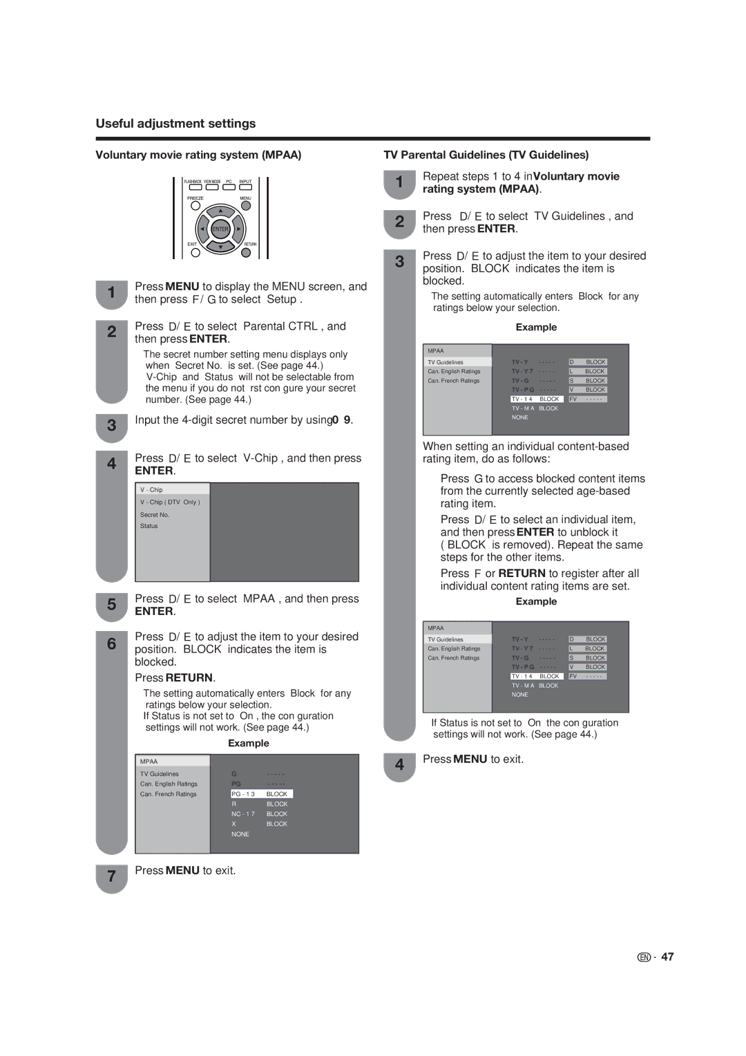 Sharp LC 19SK25U, LC-19SK25U-W operation manual TV Parental Guidelines TV Guidelines, Rating system Mpaa 