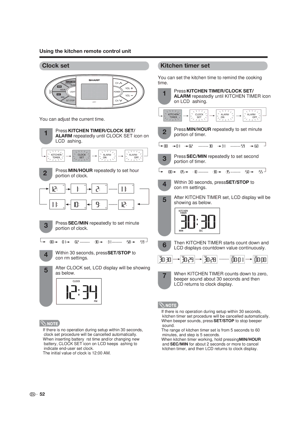 Sharp LC-19SK25U-W, LC 19SK25U operation manual Clock set, Press Kitchen TIMER/CLOCK SET 