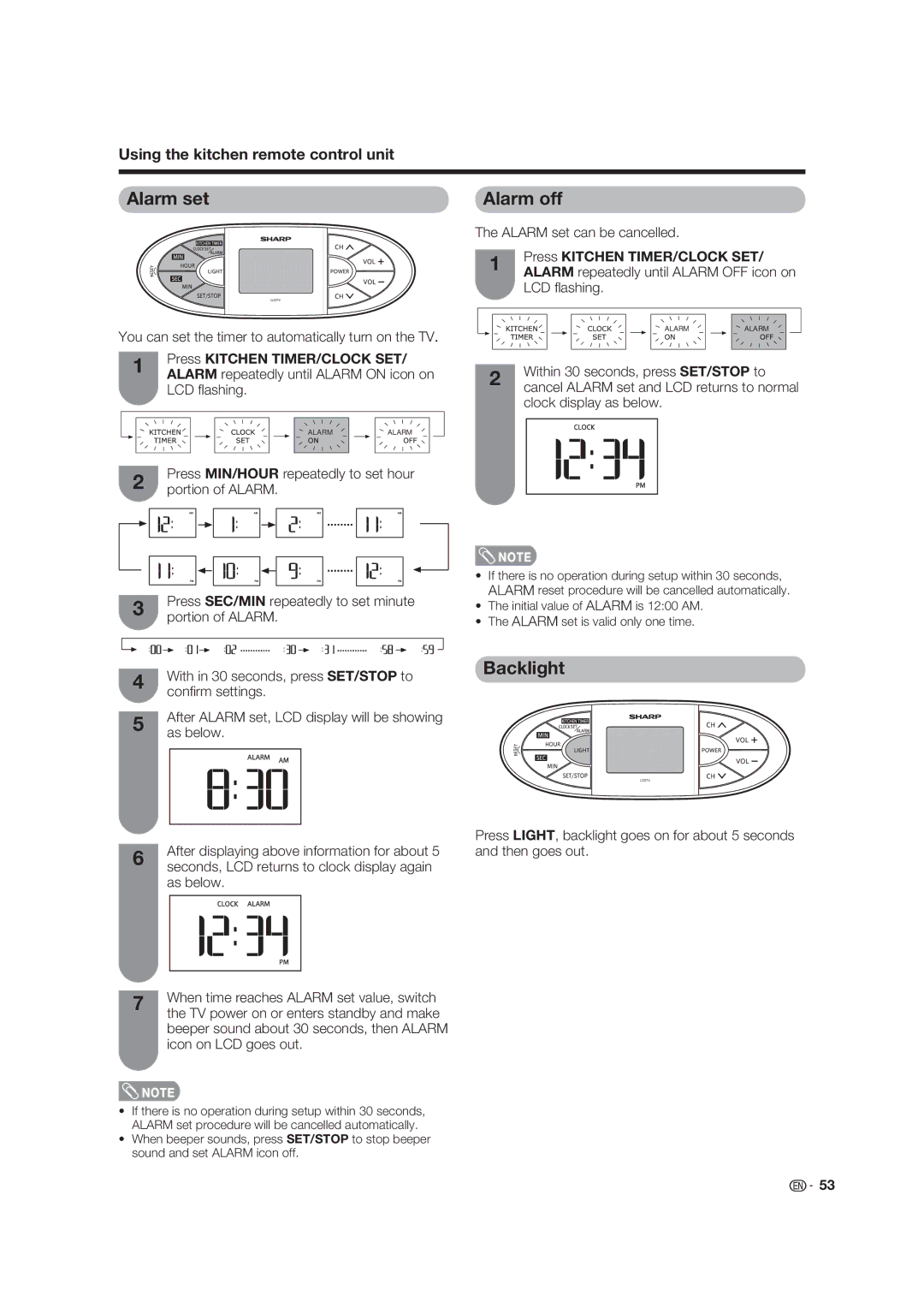 Sharp LC 19SK25U, LC-19SK25U-W operation manual Alarm setAlarm off, Backlight 