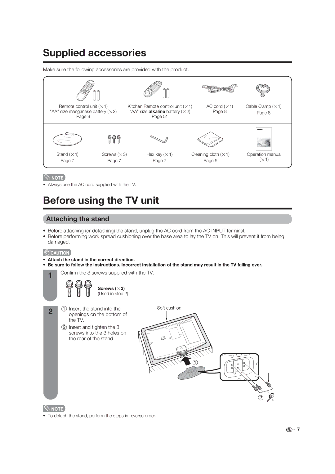 Sharp LC 19SK25U, LC-19SK25U-W Supplied accessories, Before using the TV unit, Attaching the stand, Insert the stand into 