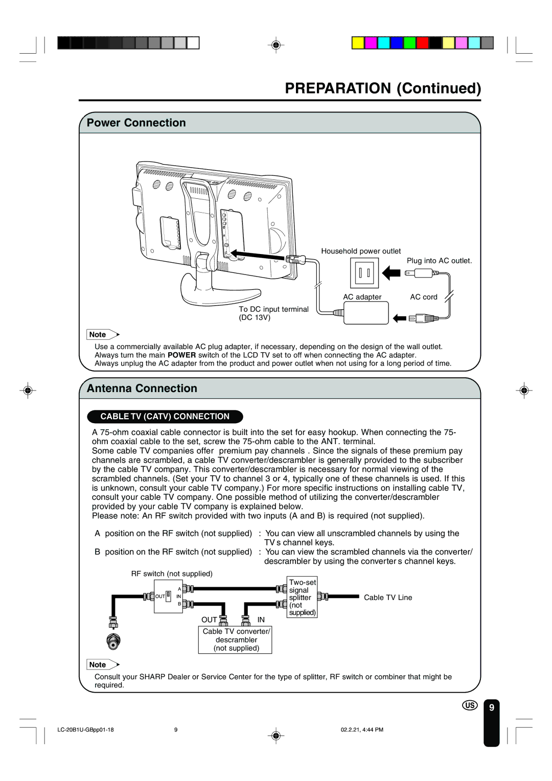 Sharp LC 20B1U operation manual Preparation, Power Connection, Antenna Connection 