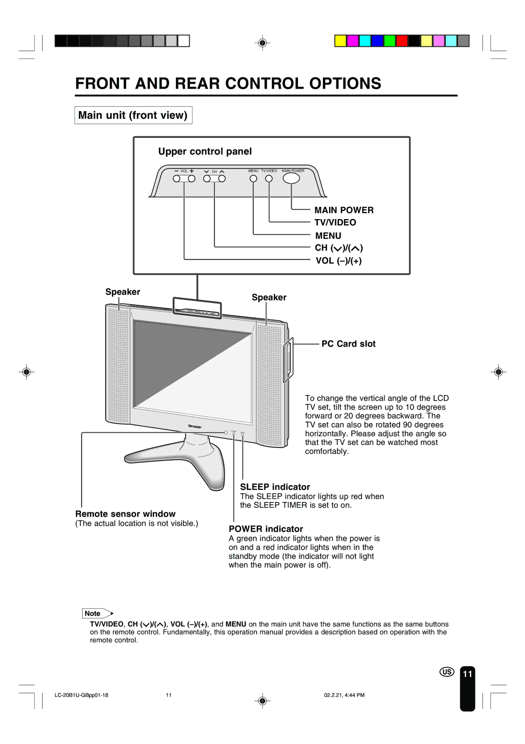 Sharp LC 20B1U operation manual Front and Rear Control Options, Main unit front view, Main Power TV/VIDEO Menu 