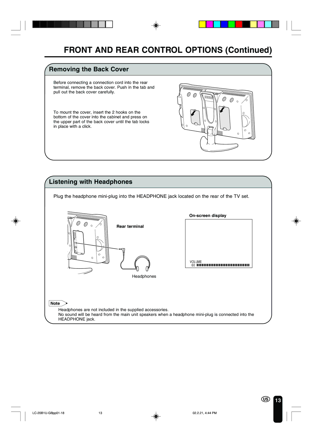 Sharp LC 20B1U operation manual Removing the Back Cover, Listening with Headphones, On-screen display Rear terminal 