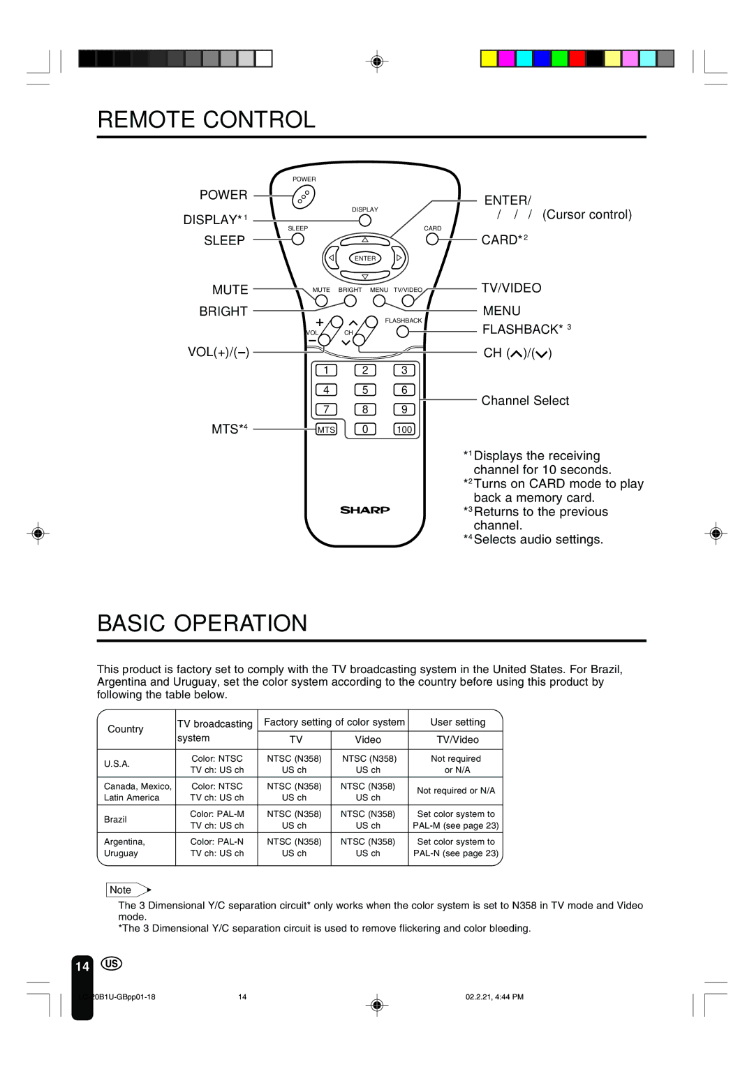 Sharp LC 20B1U operation manual Remote Control, Basic Operation 