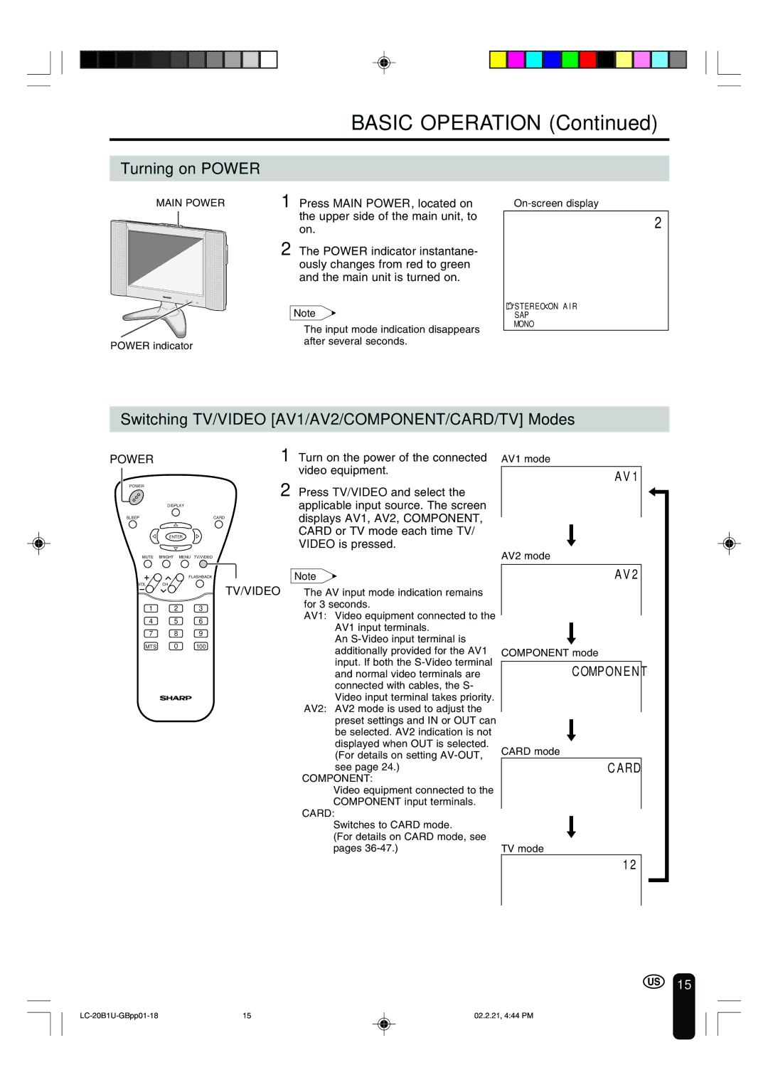 Sharp LC 20B1U operation manual Basic Operation, Turning on Power, Switching TV/VIDEO AV1/AV2/COMPONENT/CARD/TV Modes 