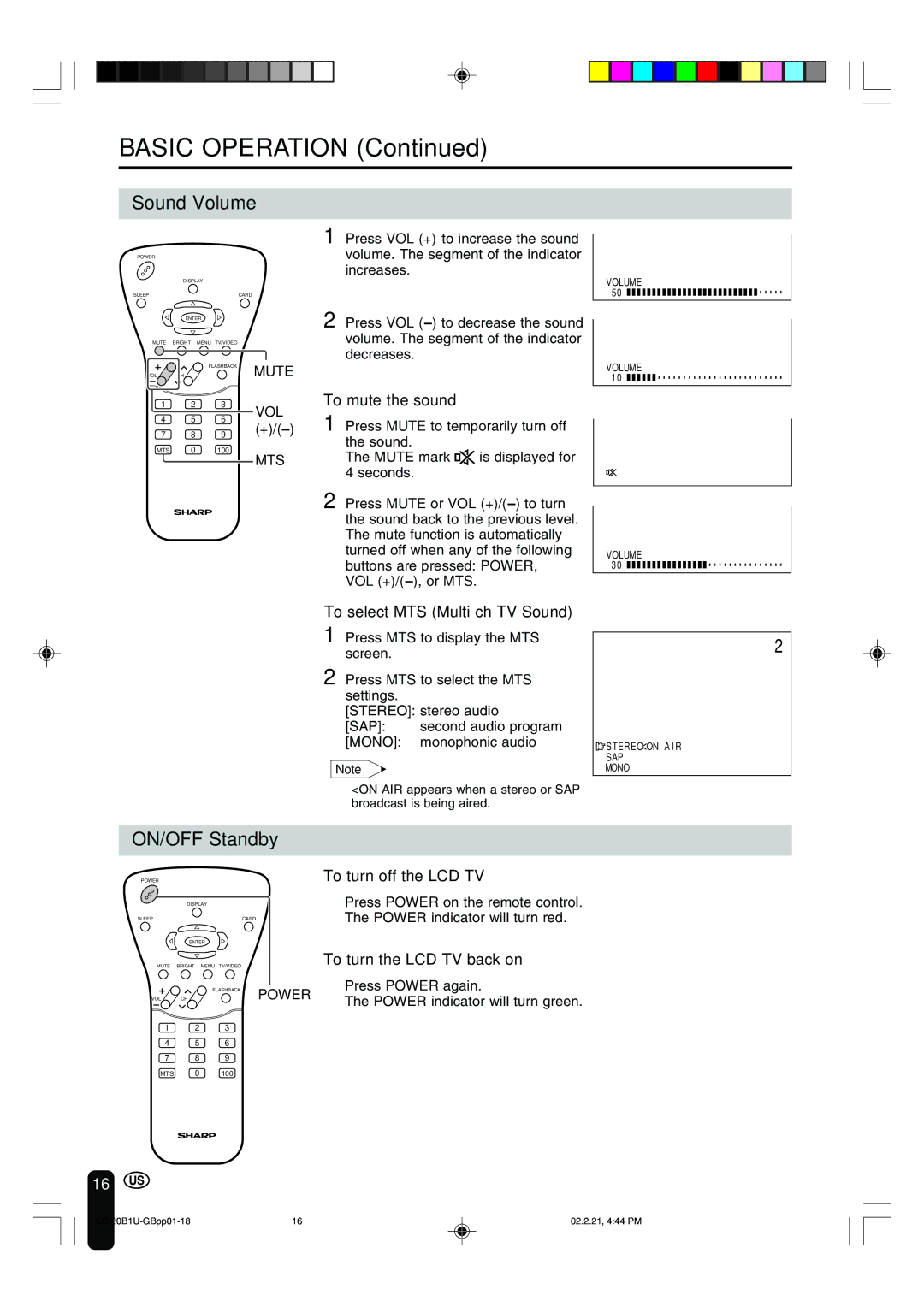 Sharp LC 20B1U operation manual Sound Volume, ON/OFF Standby 