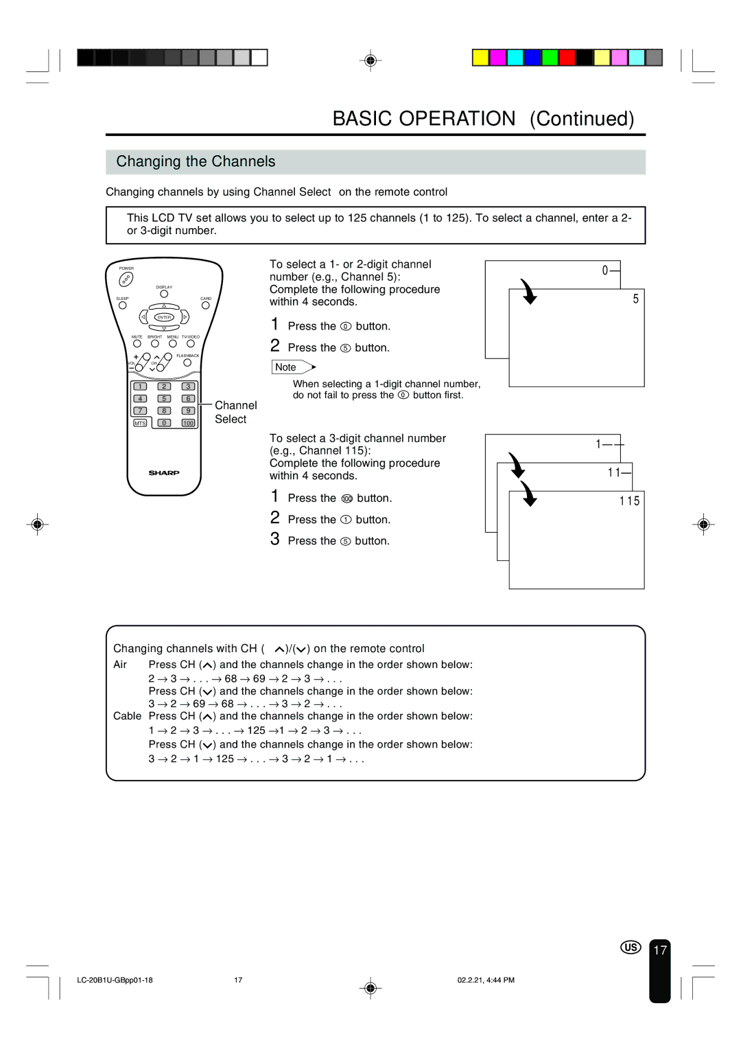 Sharp LC 20B1U operation manual Changing the Channels, Press the button Press the 5 button 