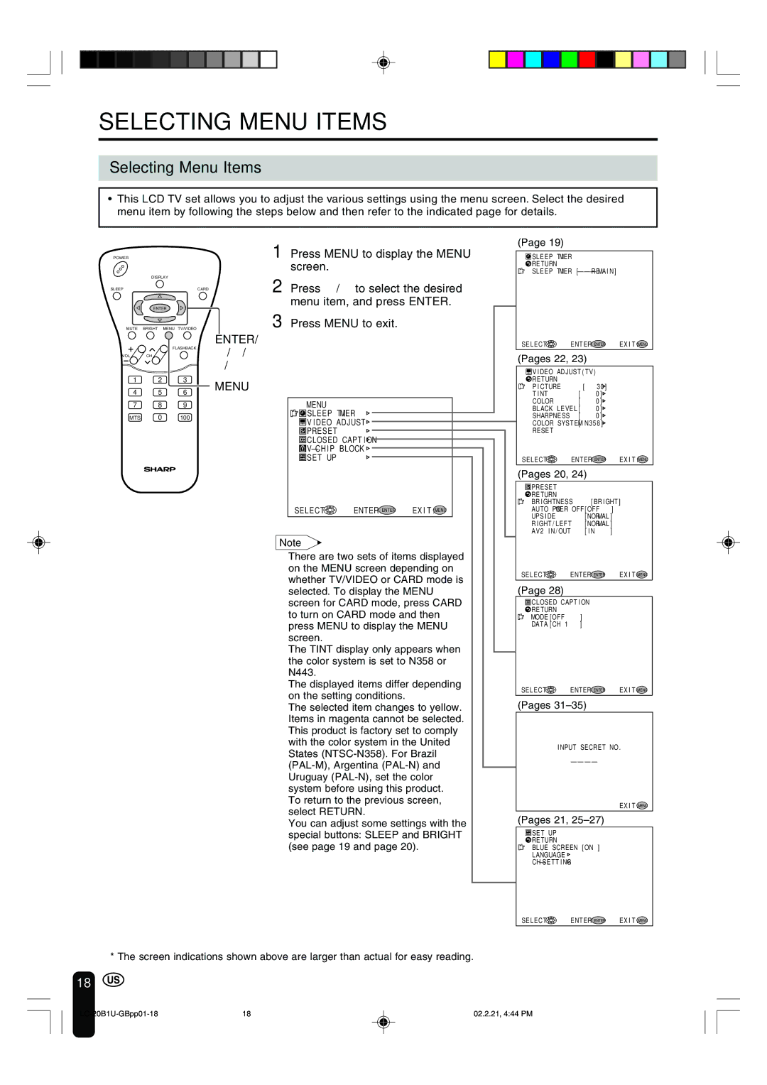 Sharp LC 20B1U operation manual Selecting Menu Items, Enter, Pages 20 