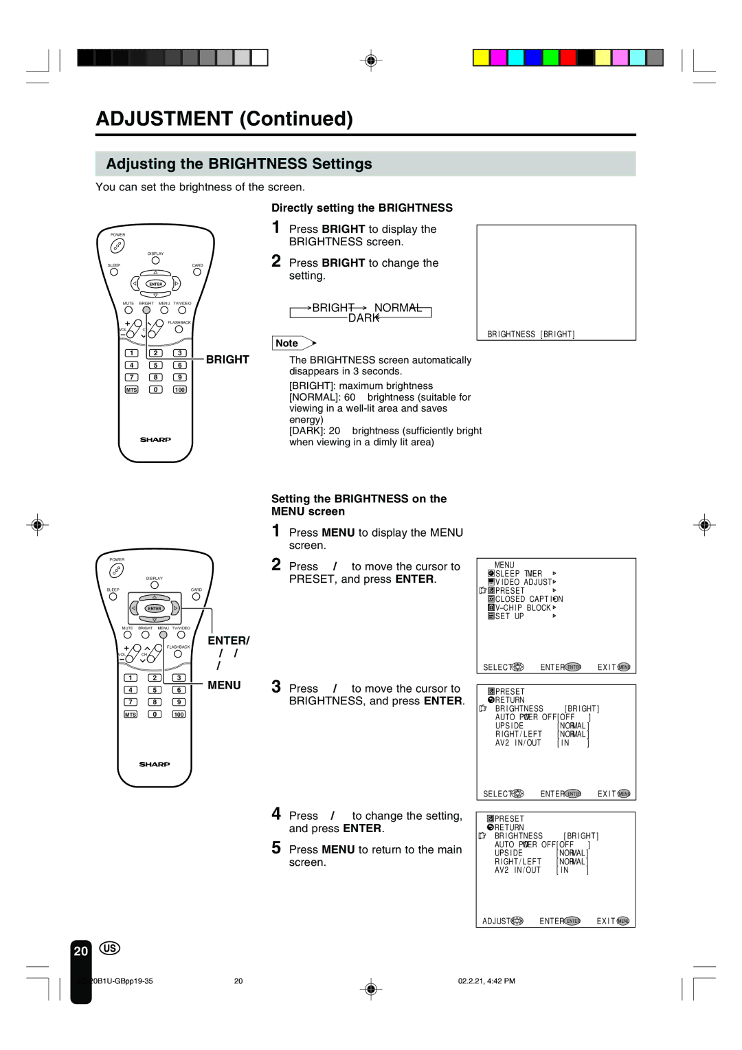 Sharp LC 20B1U operation manual Adjustment, Adjusting the Brightness Settings, You can set the brightness of the screen 