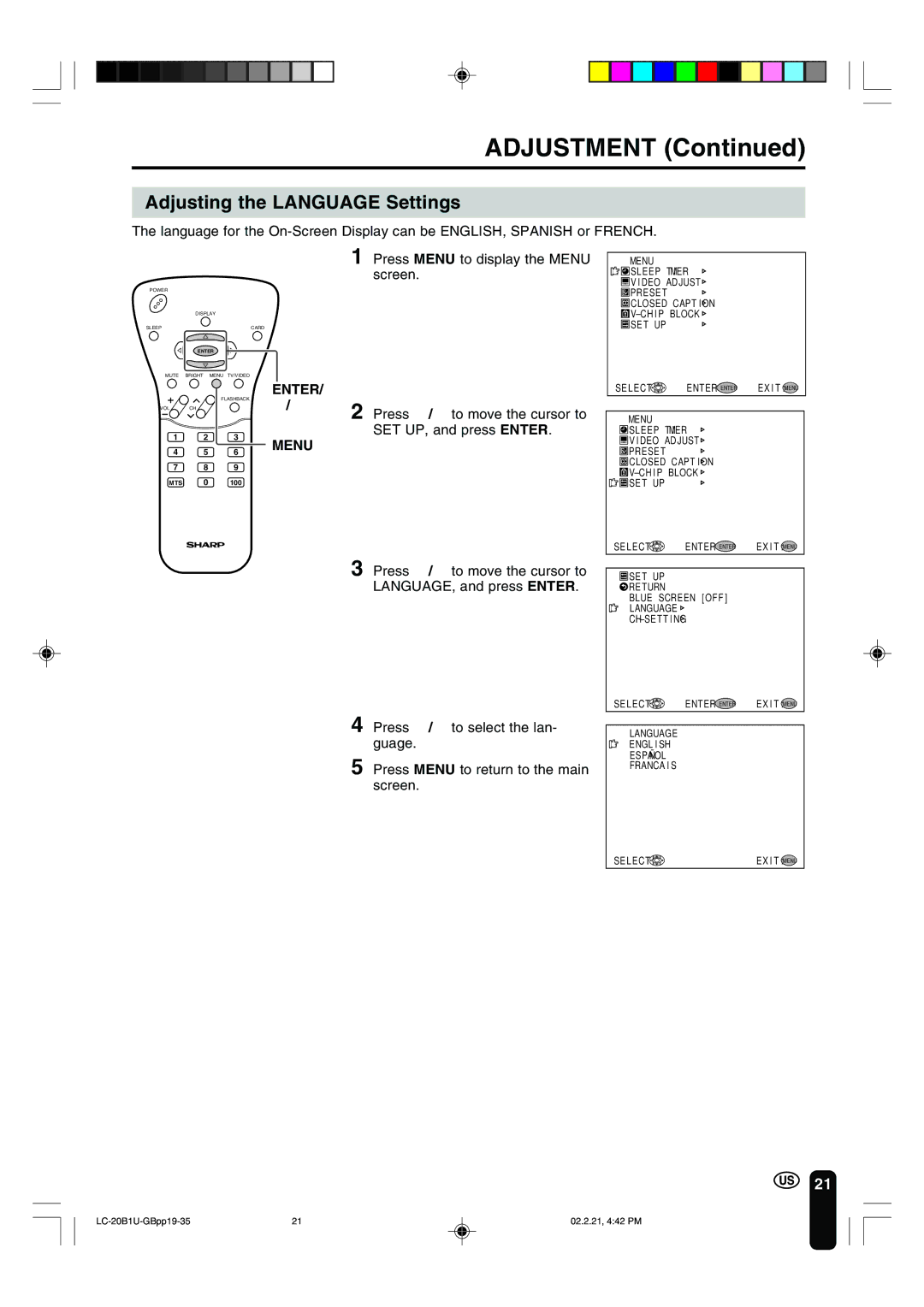 Sharp LC 20B1U operation manual Adjusting the Language Settings, Enter Menu 