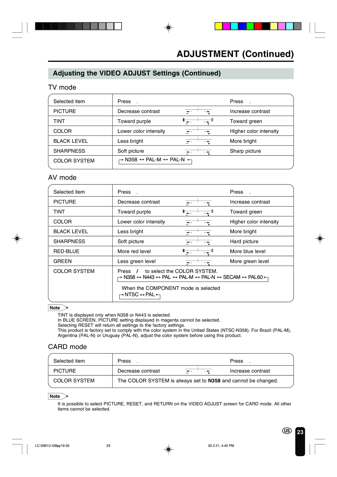 Sharp LC 20B1U operation manual Selected item Press, Decrease contrast Increase contrast, Toward purple Toward green 