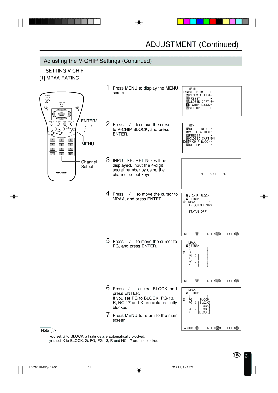 Sharp LC 20B1U Setting V-CHIP Mpaa Rating, Press Menu to display the Menu screen, Press / to move the cursor 