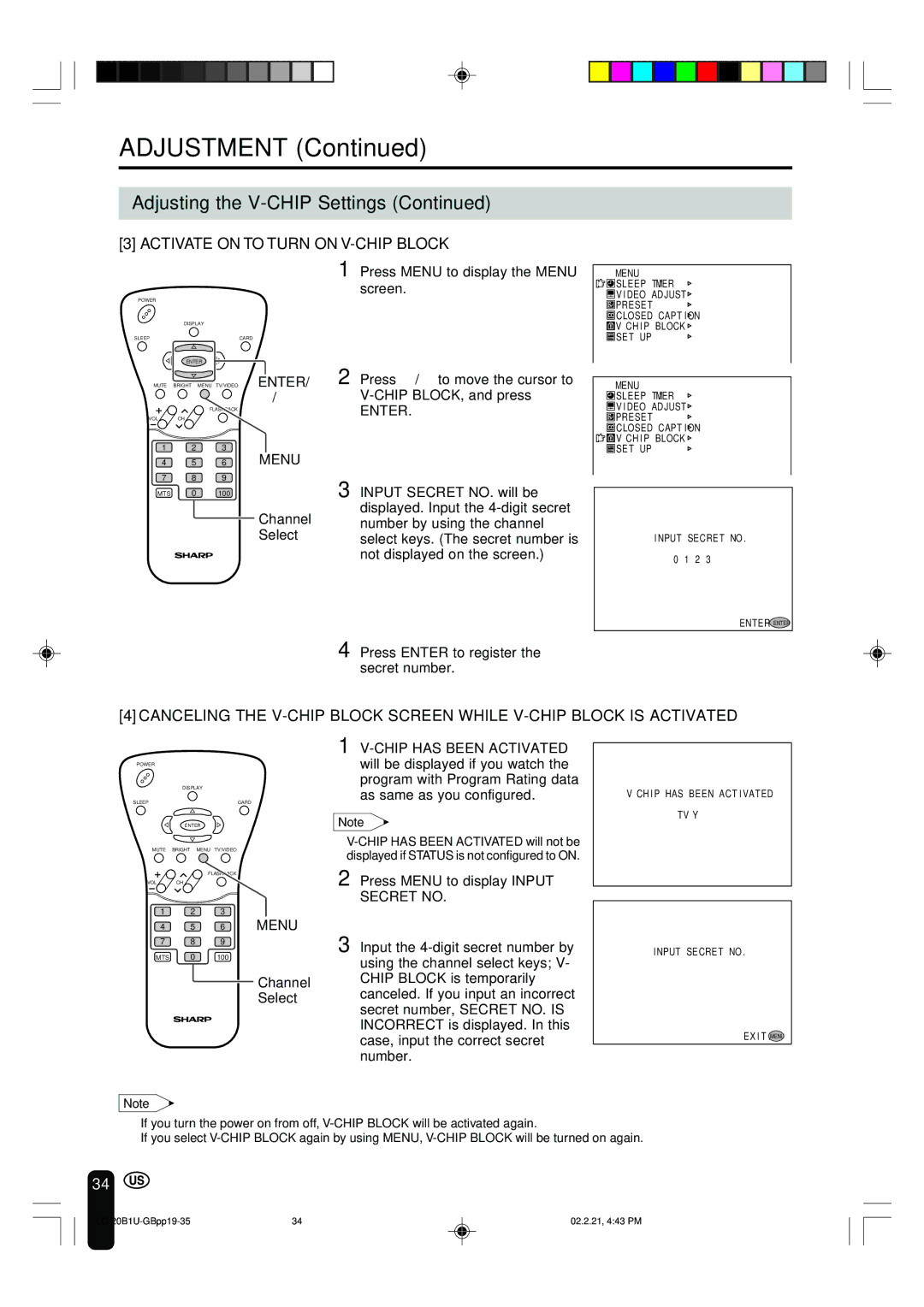 Sharp LC 20B1U operation manual Activate on to Turn on V-CHIP Block 