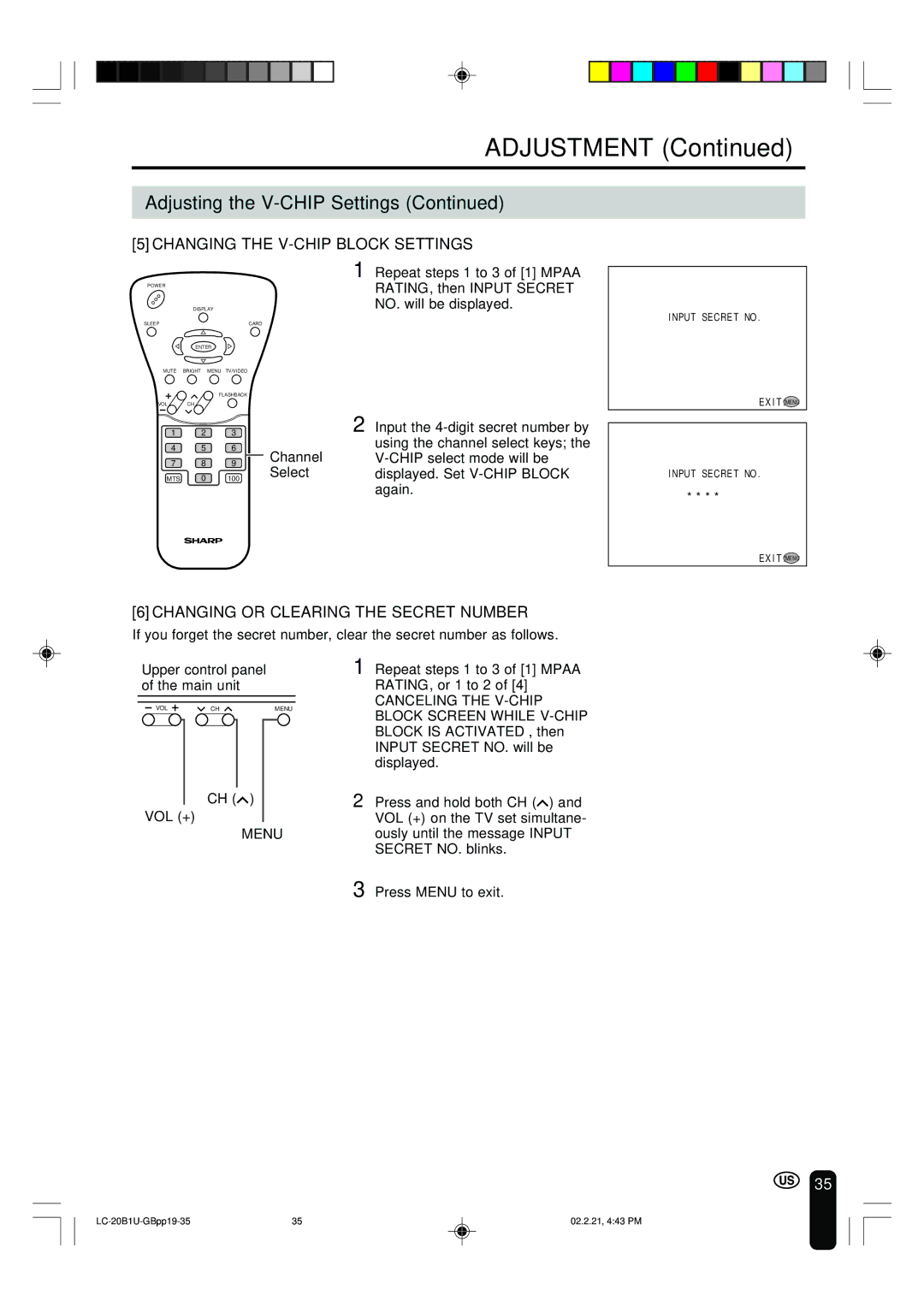 Sharp LC 20B1U operation manual Changing the V-CHIP Block Settings, Changing or Clearing the Secret Number 