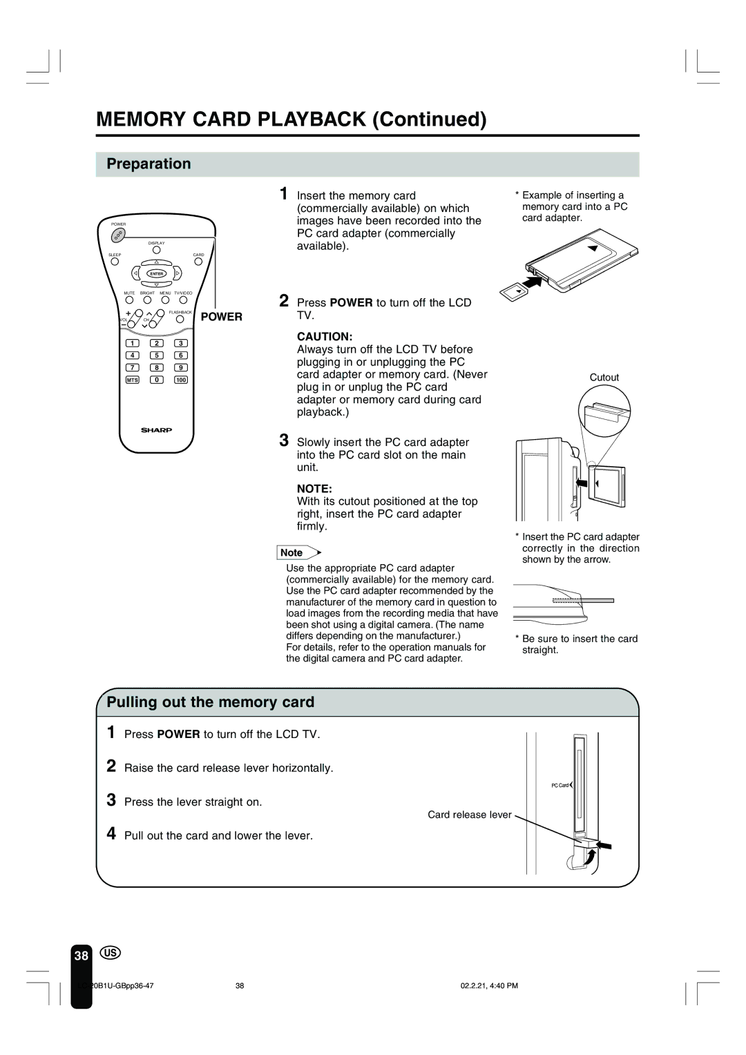 Sharp LC 20B1U operation manual Preparation, Pulling out the memory card, Pull out the card and lower the lever 