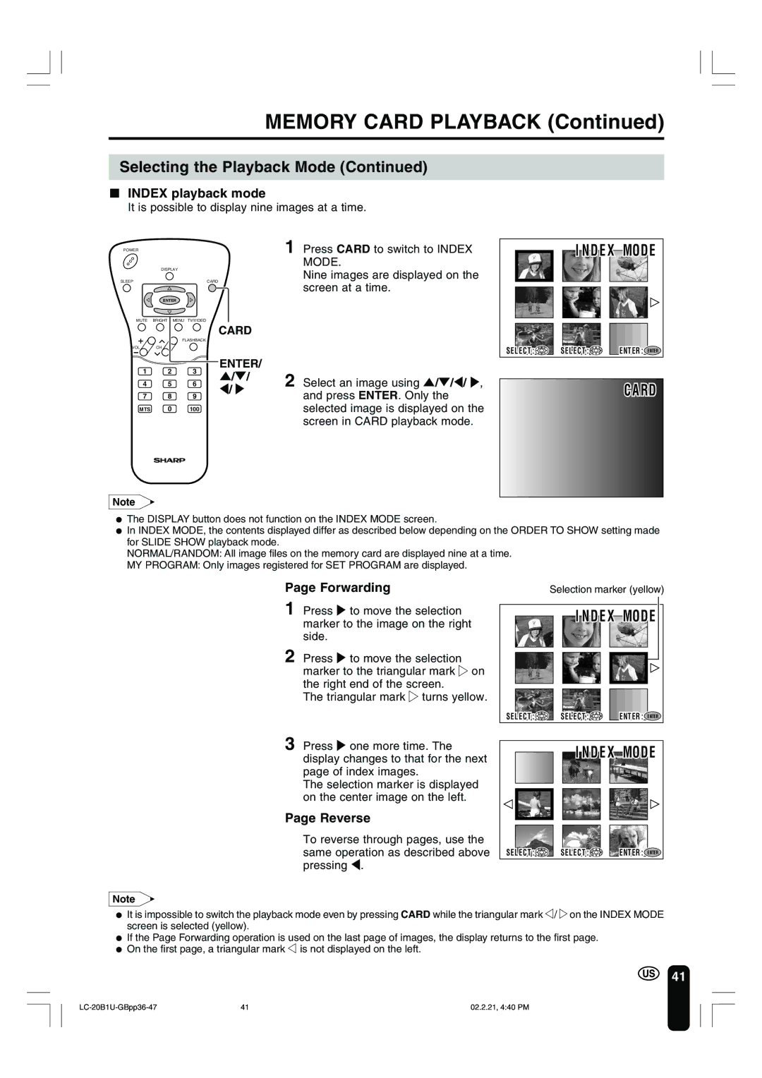 Sharp LC 20B1U Index playback mode, Forwarding, Reverse, It is possible to display nine images at a time, NDE Mode 