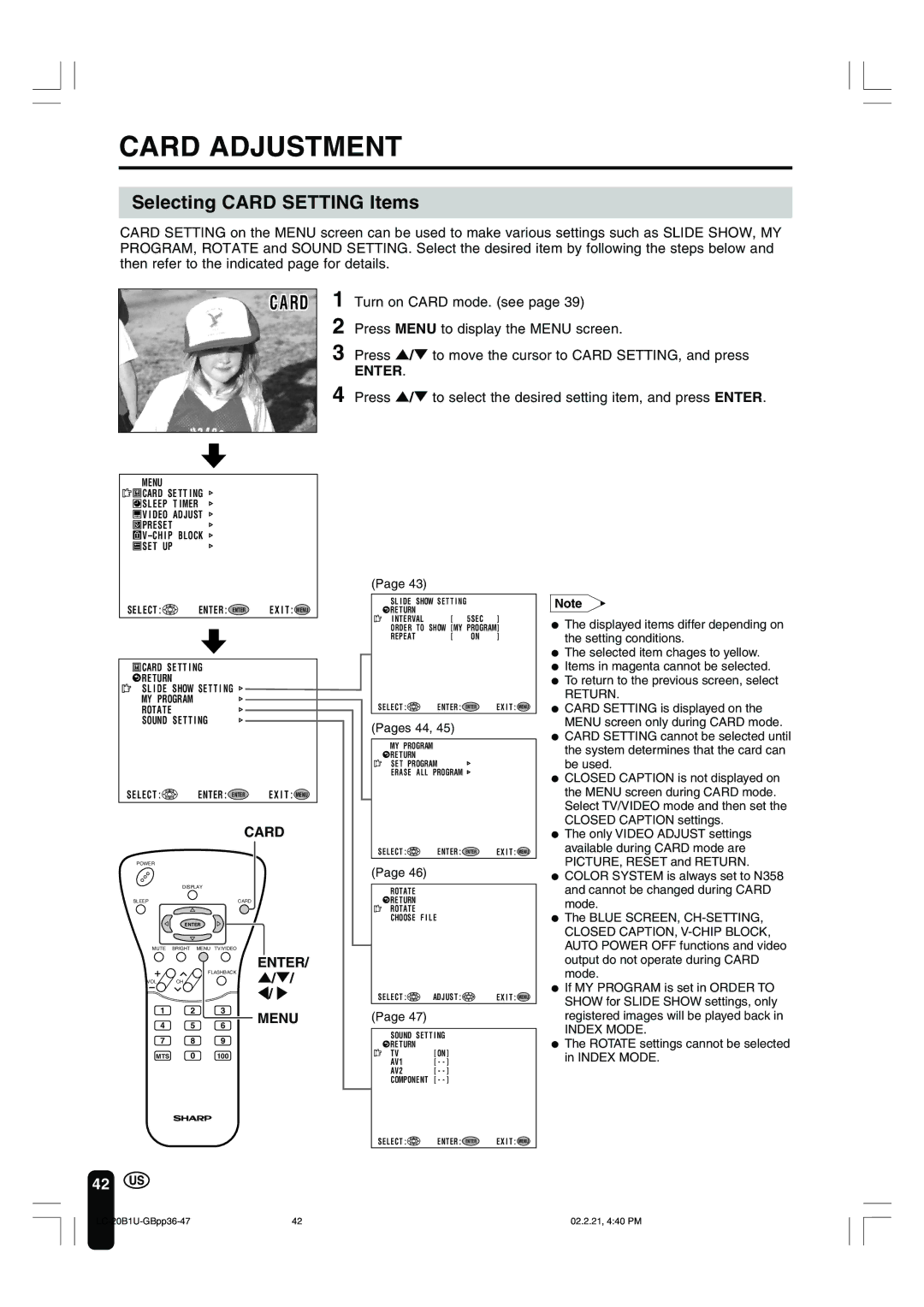 Sharp LC 20B1U Card Adjustment, Selecting Card Setting Items, Press / to select the desired setting item, and press Enter 