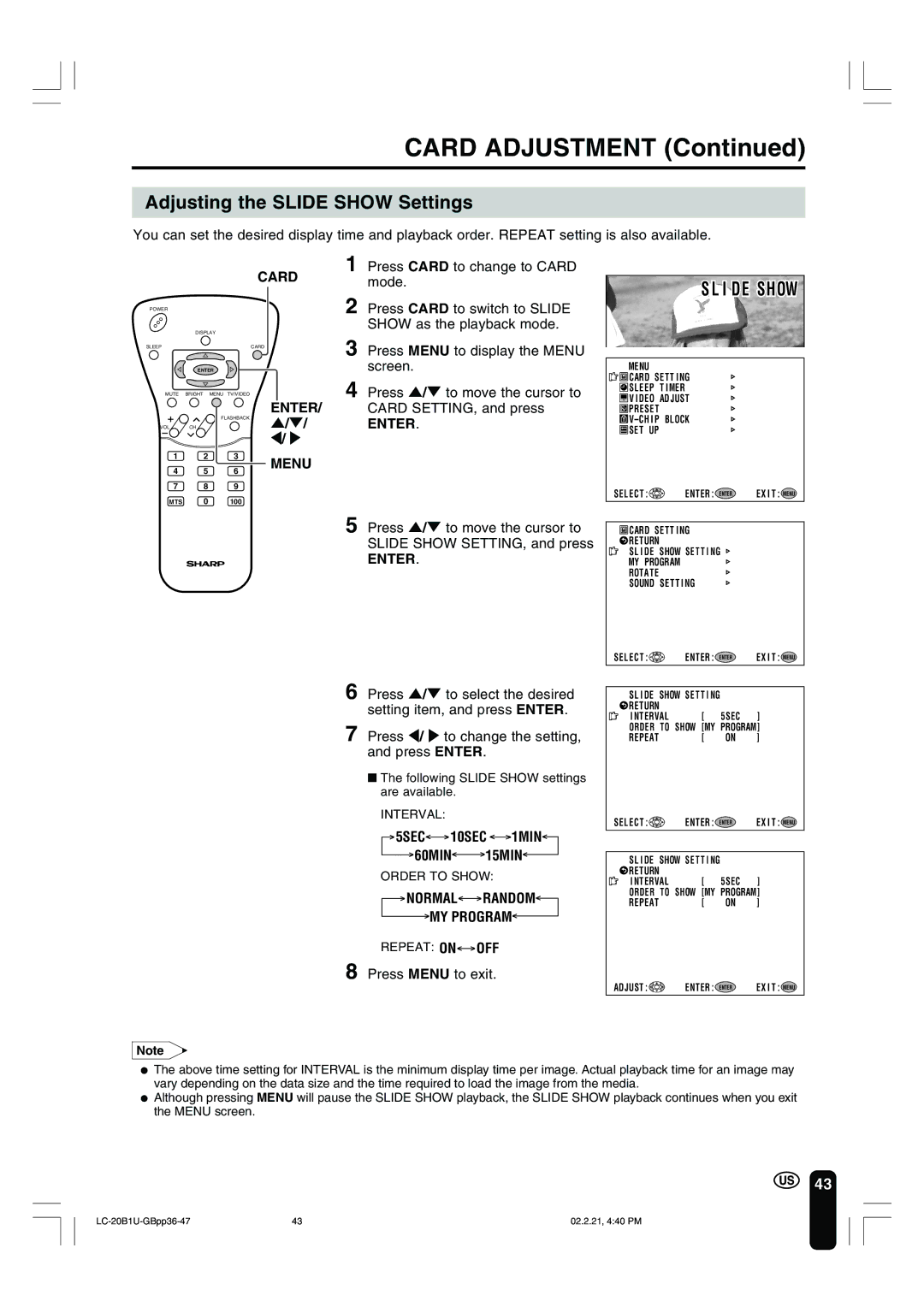 Sharp LC 20B1U operation manual Card Adjustment, Adjusting the Slide Show Settings, Normal Random MY Program 