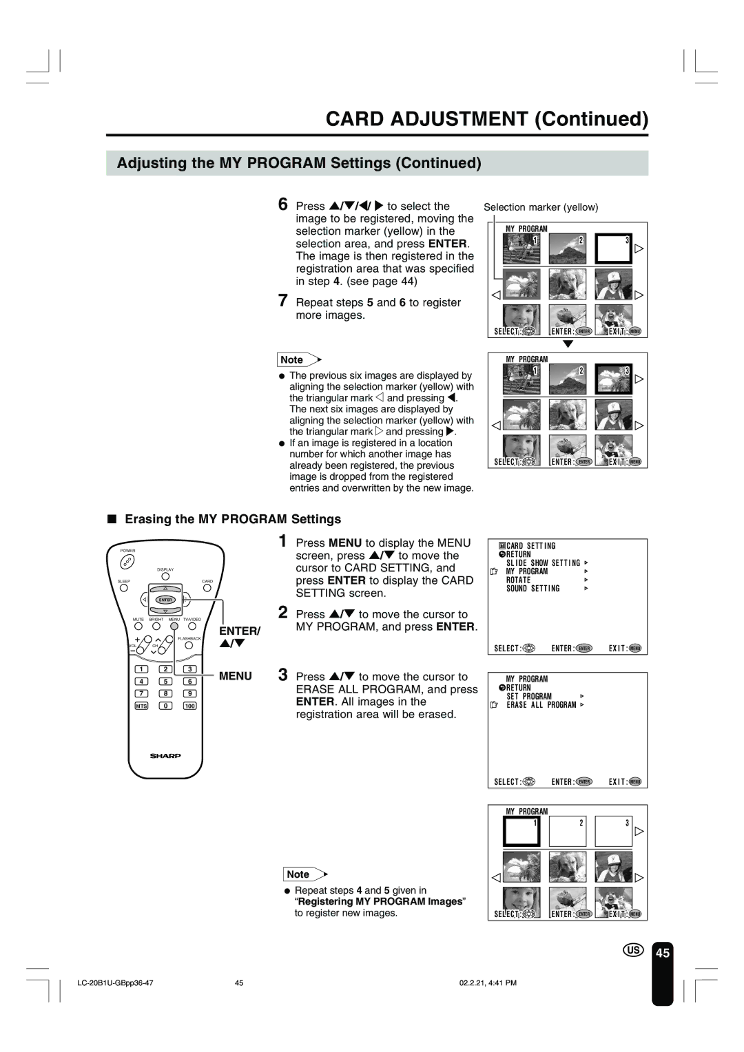 Sharp LC 20B1U operation manual Erasing the MY Program Settings 