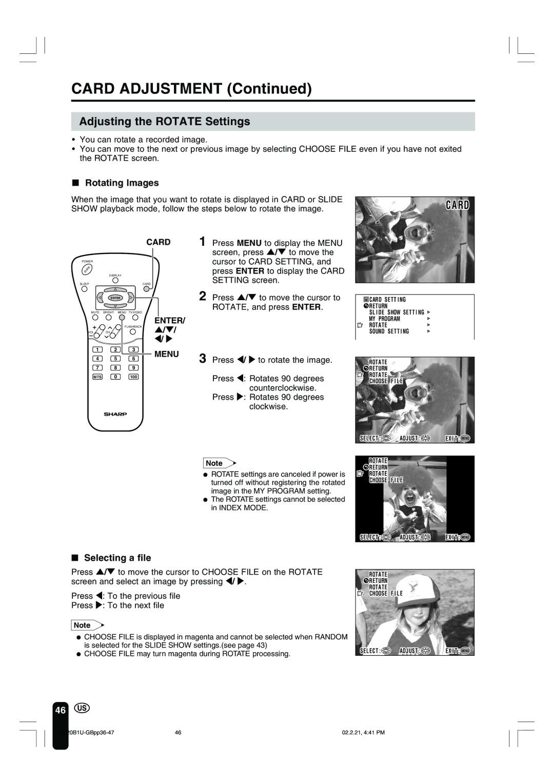 Sharp LC 20B1U operation manual Adjusting the Rotate Settings, Rotating Images, Selecting a file 