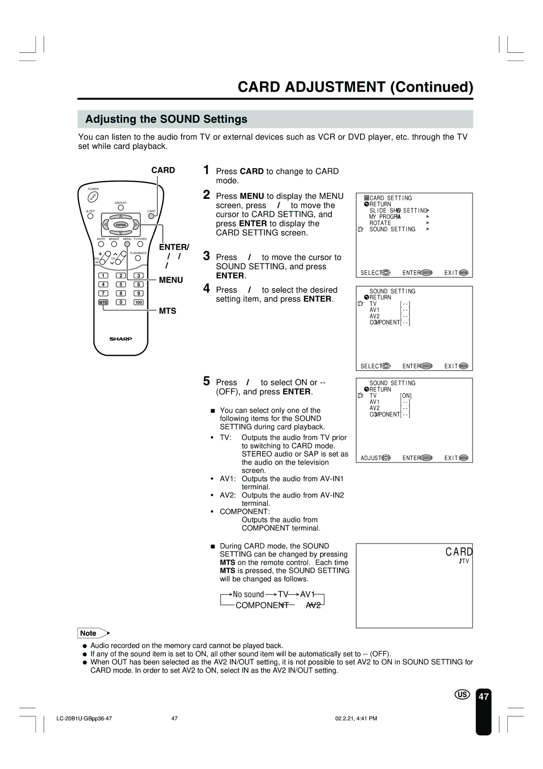 Sharp LC 20B1U operation manual Adjusting the Sound Settings, No sound TV AV1, Component AV2 