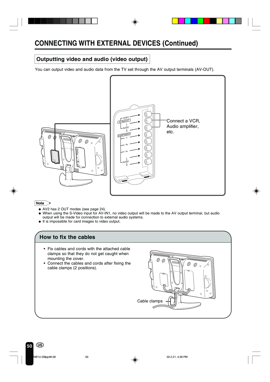 Sharp LC 20B1U operation manual Outputting video and audio video output, How to fix the cables 