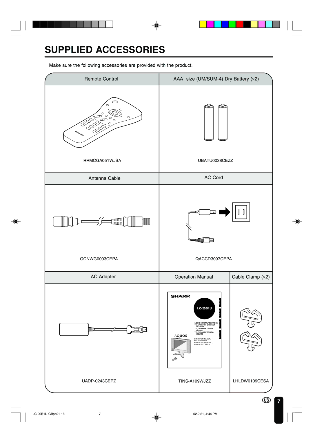 Sharp LC 20B1U operation manual Supplied Accessories, Antenna Cable, AC Adapter, Cable Clamp ⋅2 