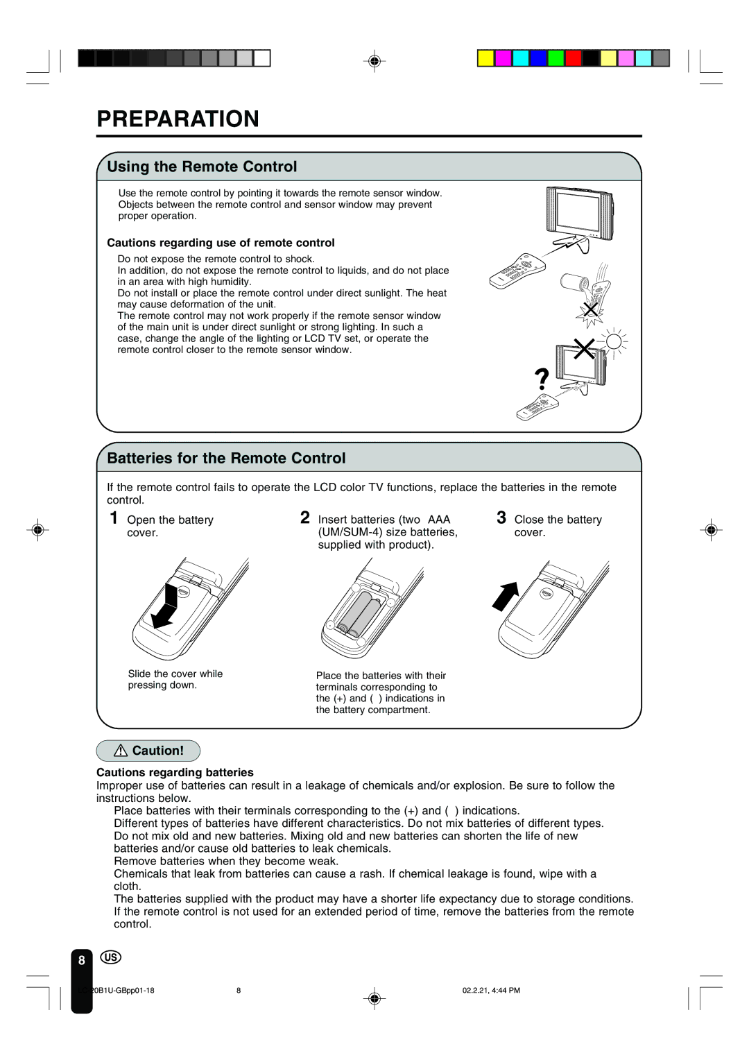 Sharp LC 20B1U operation manual Preparation, Using the Remote Control, Batteries for the Remote Control 