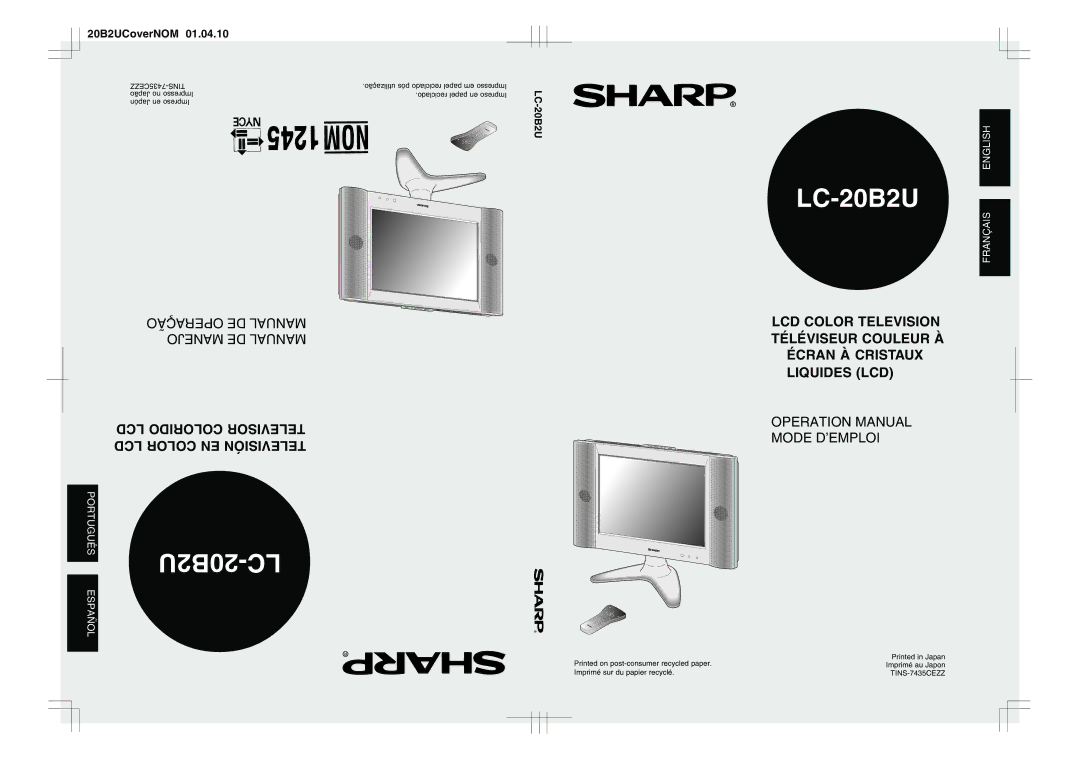 Sharp LC 20B2U operation manual LC-20B2U, 20B2UCoverNOM 