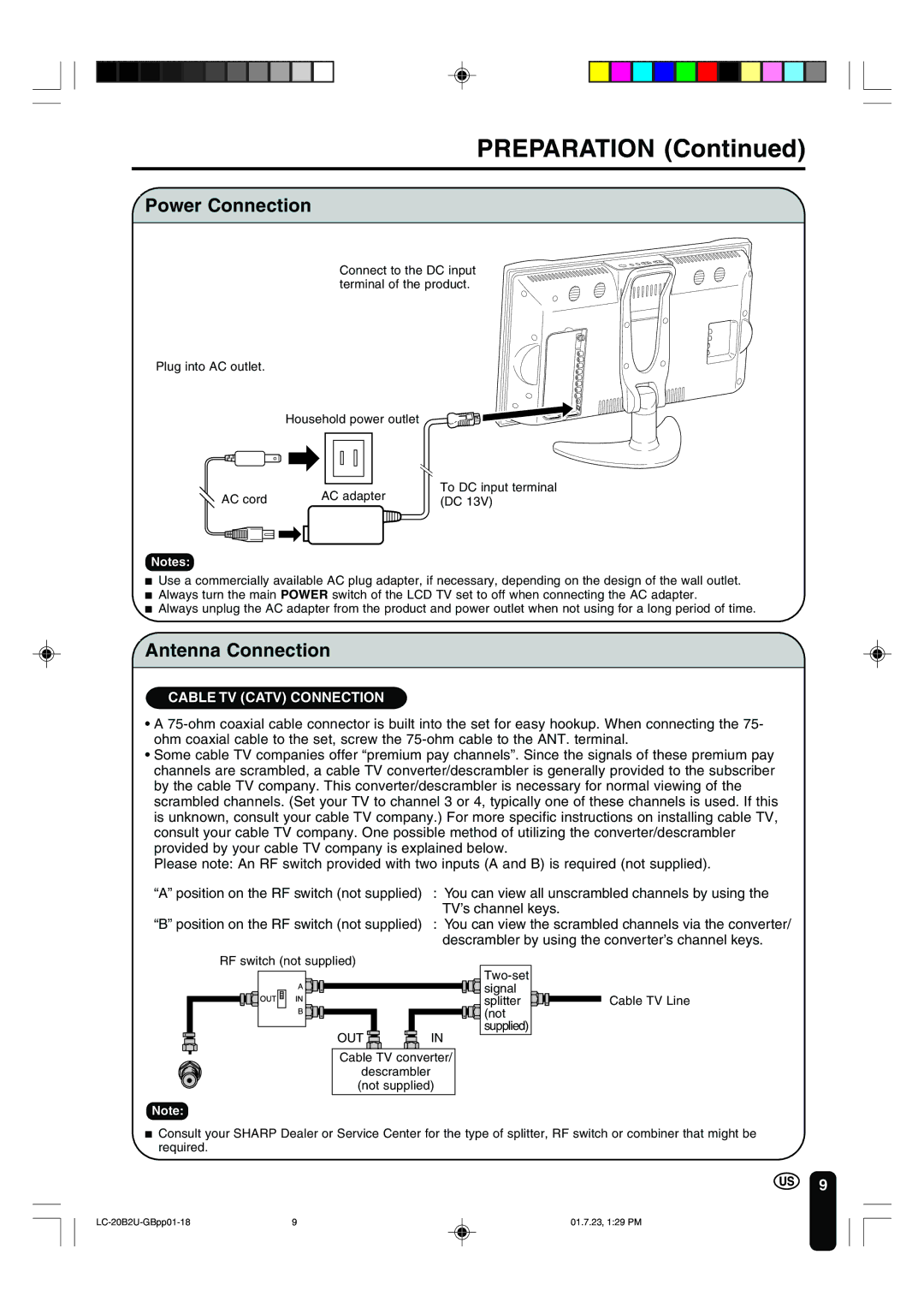 Sharp LC 20B2U operation manual Preparation, Power Connection, Antenna Connection 