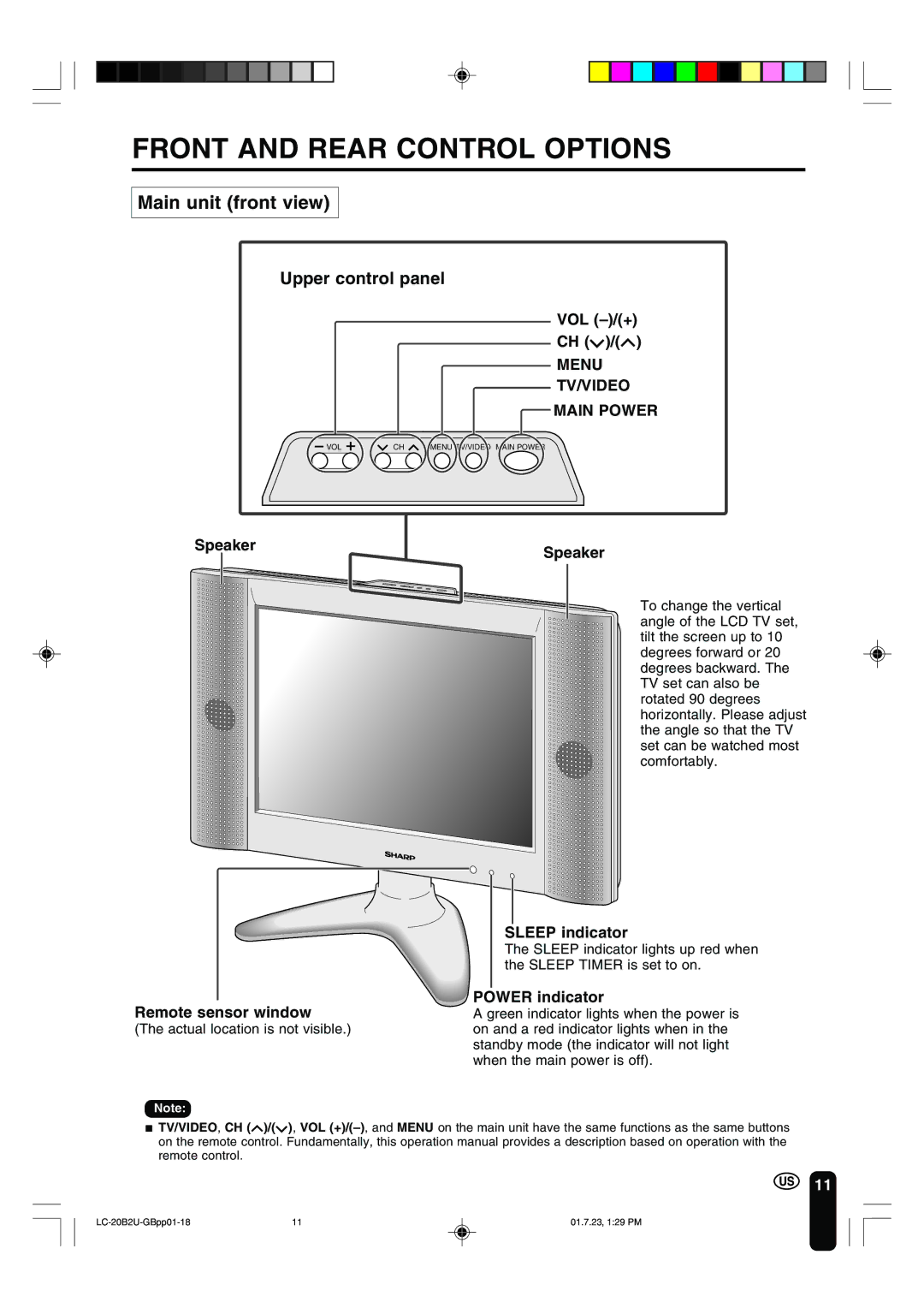 Sharp LC 20B2U operation manual Front and Rear Control Options, Main unit front view, Menu TV/VIDEO Main Power 